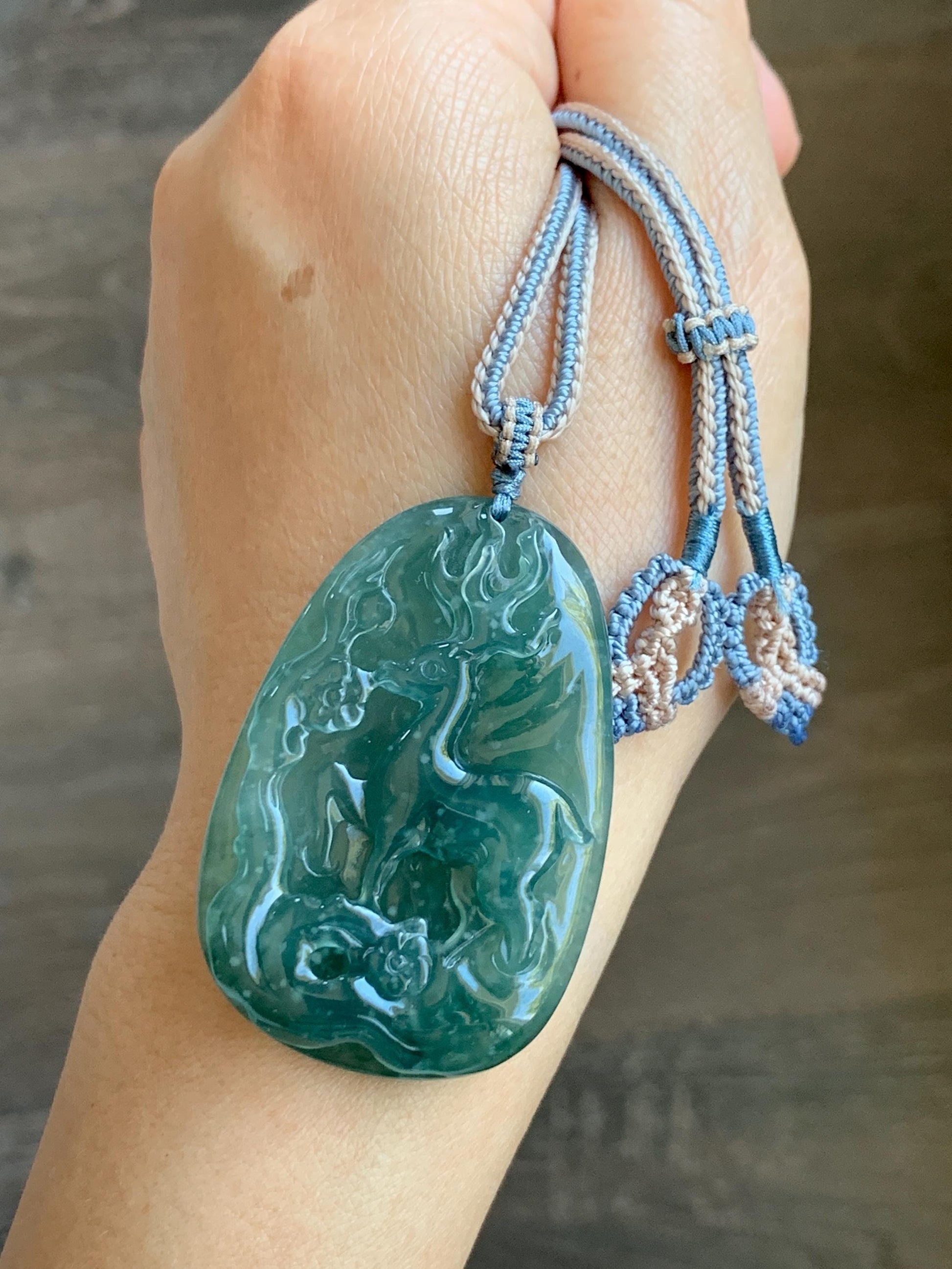 Natural Grade A Guatemalan Icy Translucent Dark Teal Blue Jade Jadeite Deer Cherry Blossom Pendant Rope Necklace 27g 天然冰胶危蓝绿翡翠梅花鹿吊坠 WML220
