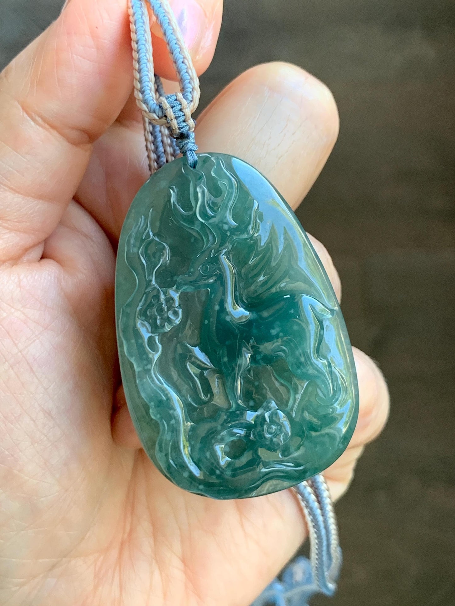 Natural Grade A Guatemalan Icy Translucent Dark Teal Blue Jade Jadeite Deer Cherry Blossom Pendant Rope Necklace 27g 天然冰胶危蓝绿翡翠梅花鹿吊坠 WML220