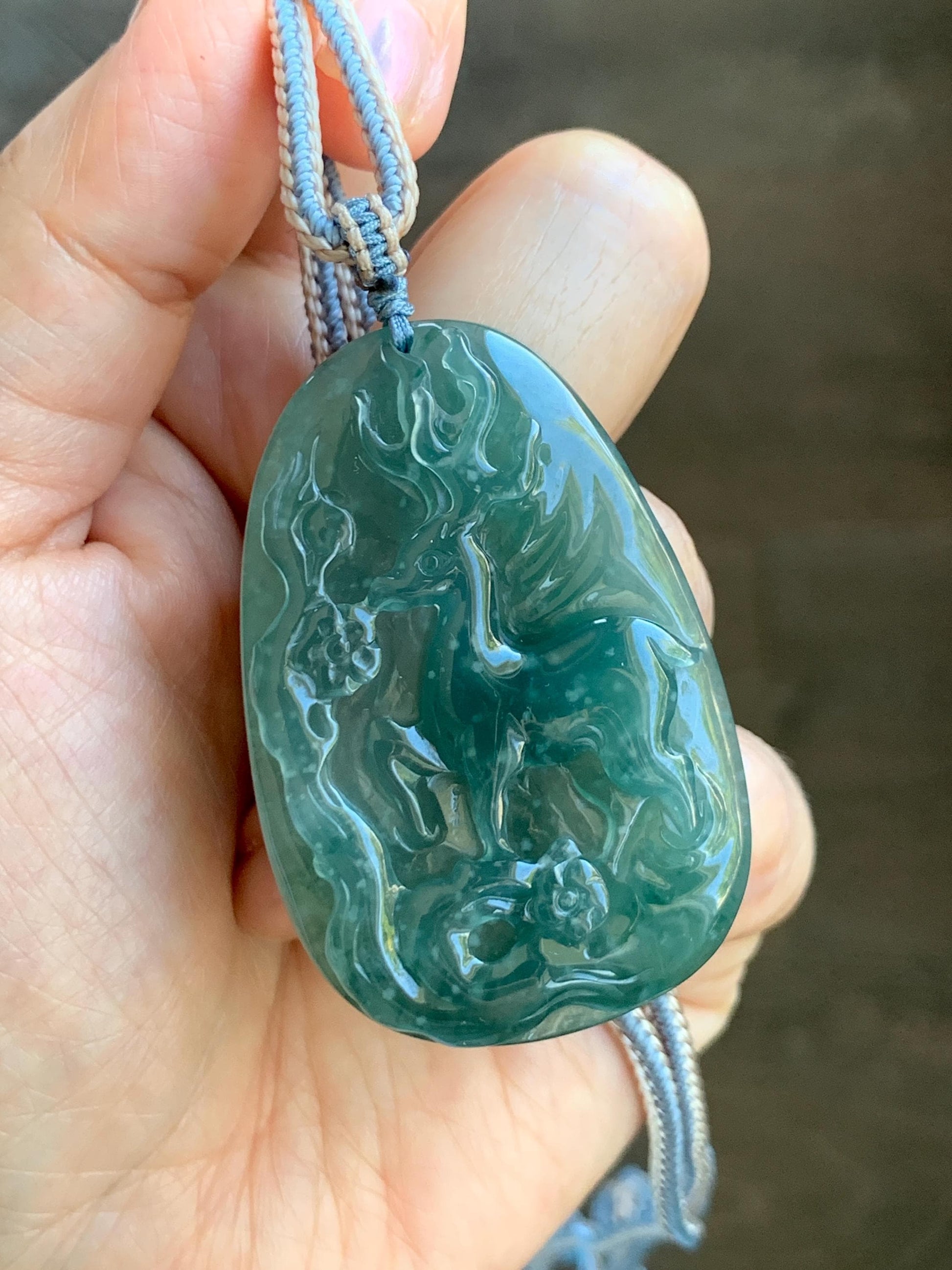 Natural Grade A Guatemalan Icy Translucent Dark Teal Blue Jade Jadeite Deer Cherry Blossom Pendant Rope Necklace 27g 天然冰胶危蓝绿翡翠梅花鹿吊坠 WML220