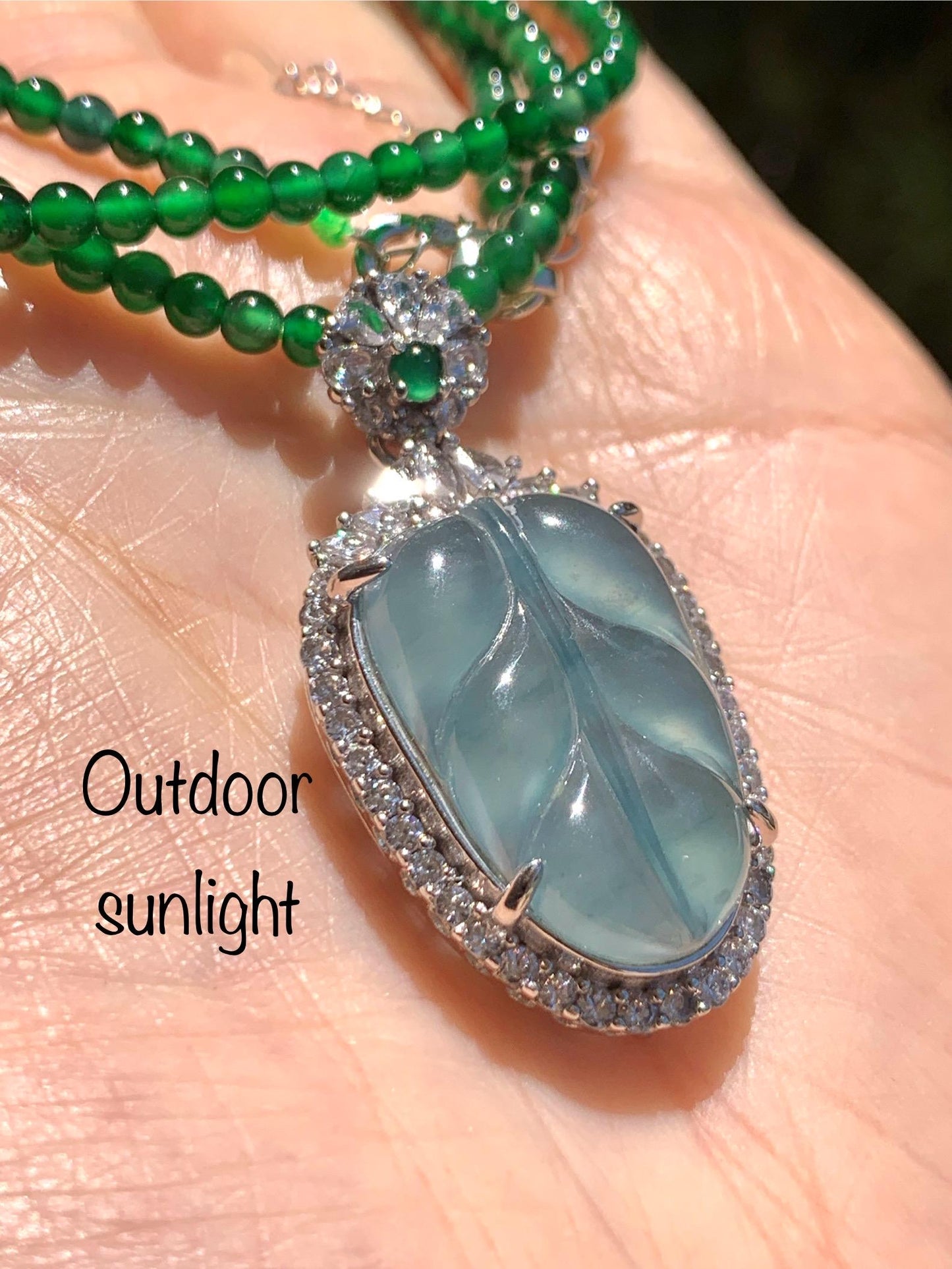 Certified Natural Guatemalan Icy Translucent Blue Jade Jadeite Leaf Pendant Sterling Silver Green Beaded Necklace 18g 天然冰危蓝翡翠叶子吊坠绿翡翠珠项链445