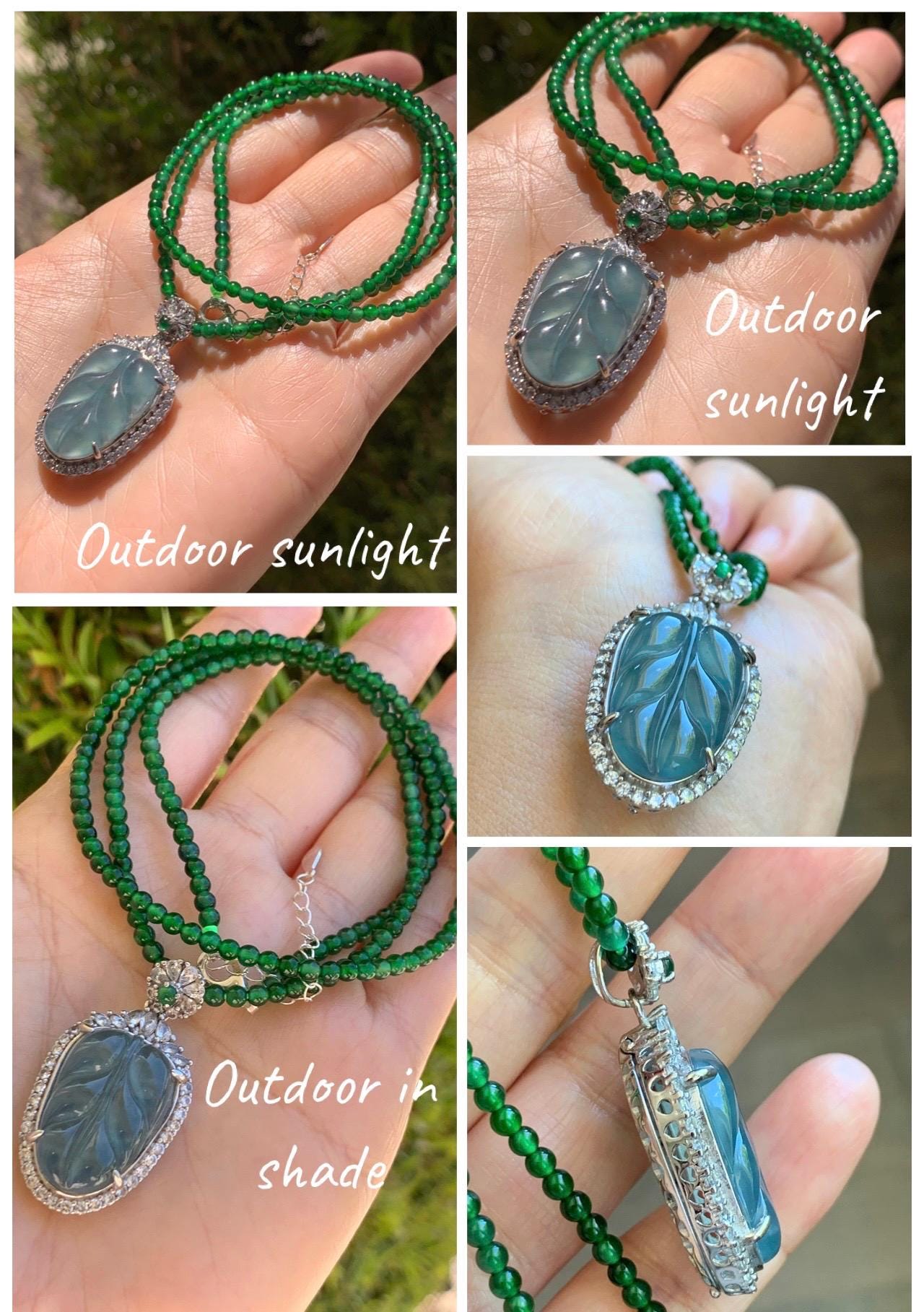 Certified Natural Guatemalan Icy Translucent Blue Jade Jadeite Leaf Pendant Sterling Silver Green Beaded Necklace 18g 天然冰危蓝翡翠叶子吊坠绿翡翠珠项链445