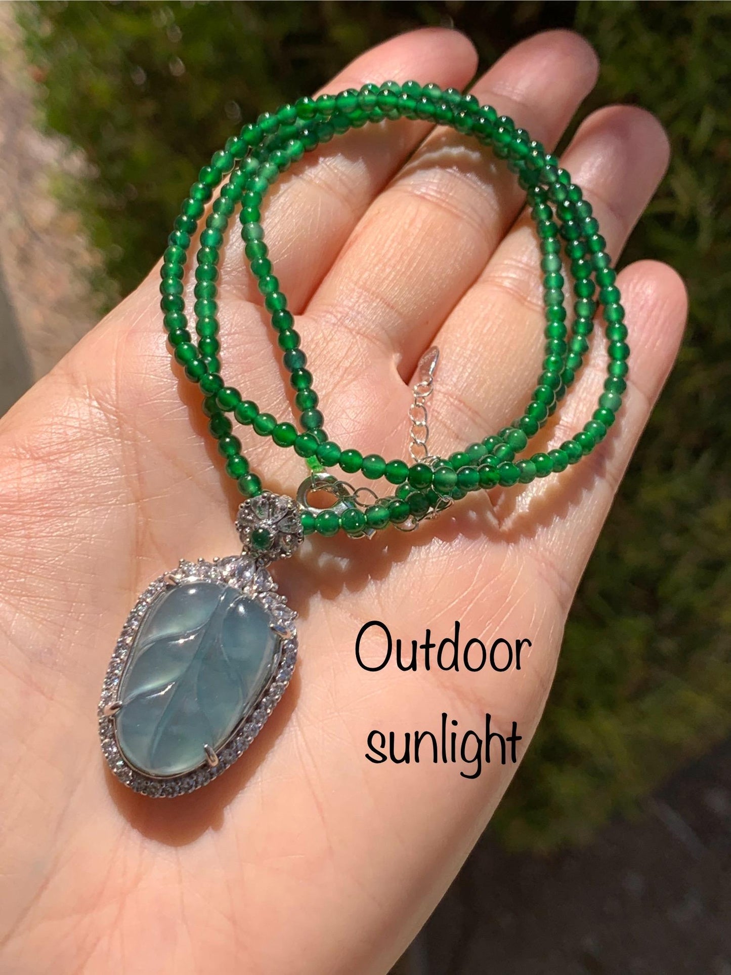Certified Natural Guatemalan Icy Translucent Blue Jade Jadeite Leaf Pendant Sterling Silver Green Beaded Necklace 18g 天然冰危蓝翡翠叶子吊坠绿翡翠珠项链445