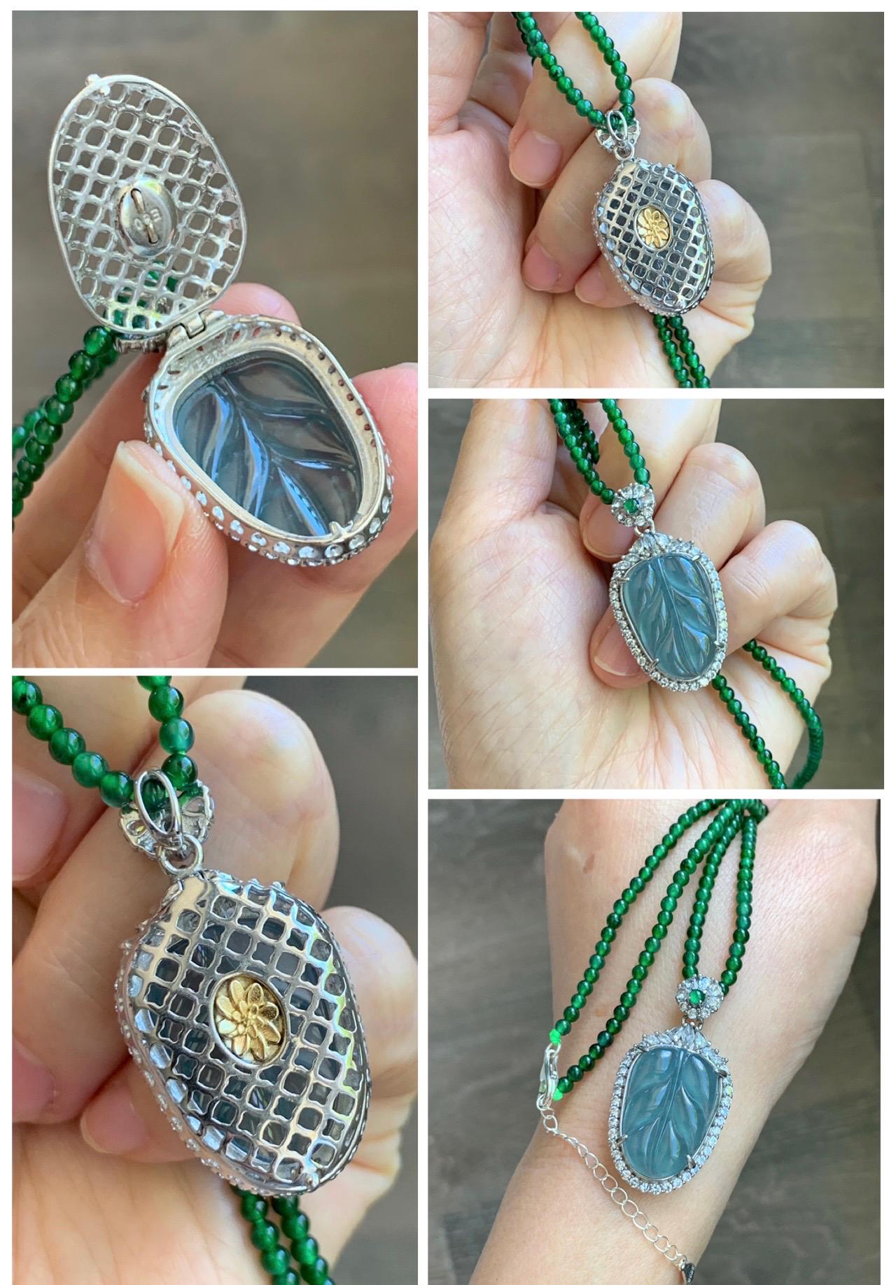 Certified Natural Guatemalan Icy Translucent Blue Jade Jadeite Leaf Pendant Sterling Silver Green Beaded Necklace 18g 天然冰危蓝翡翠叶子吊坠绿翡翠珠项链445