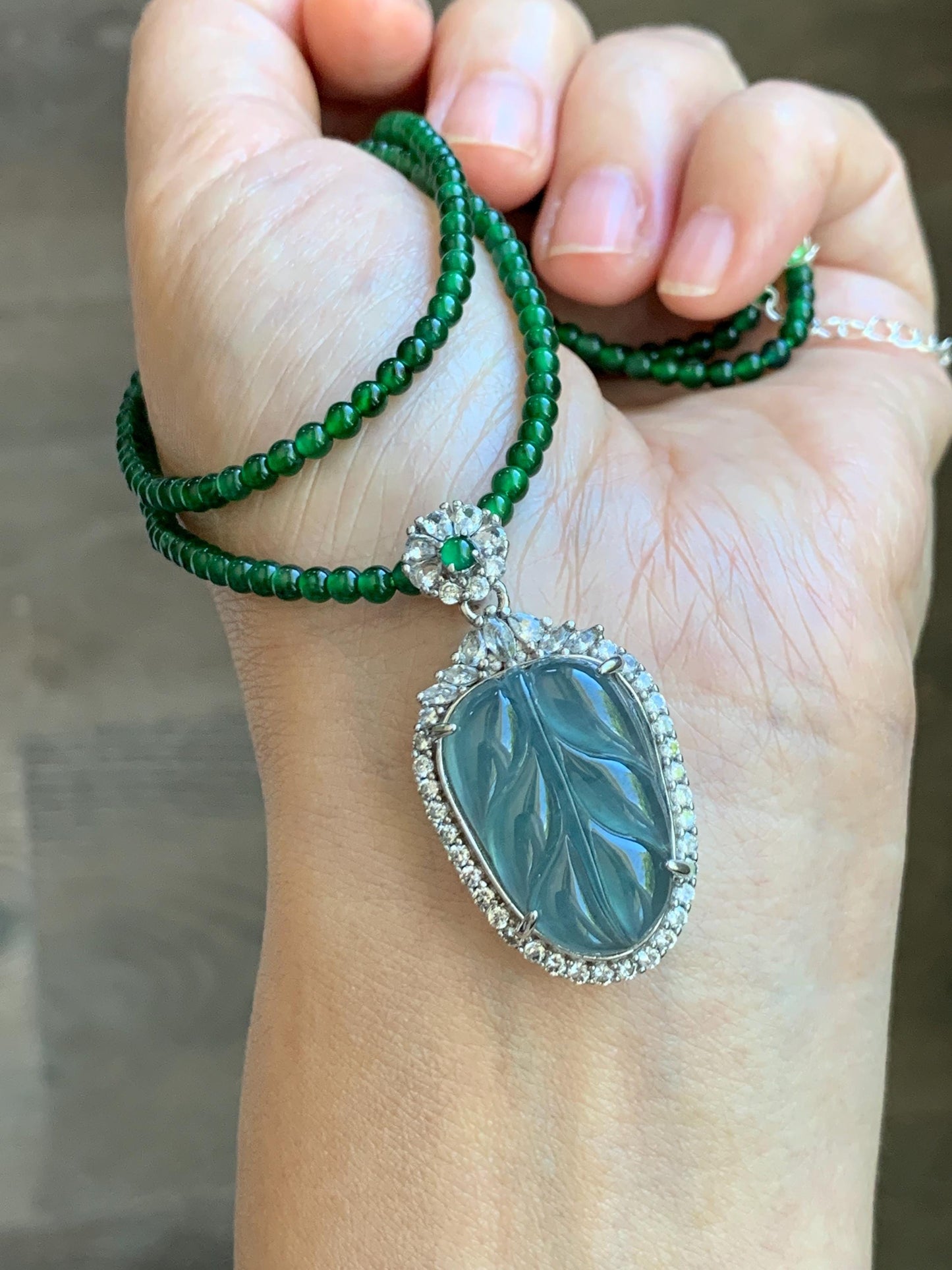 Certified Natural Guatemalan Icy Translucent Blue Jade Jadeite Leaf Pendant Sterling Silver Green Beaded Necklace 18g 天然冰危蓝翡翠叶子吊坠绿翡翠珠项链445