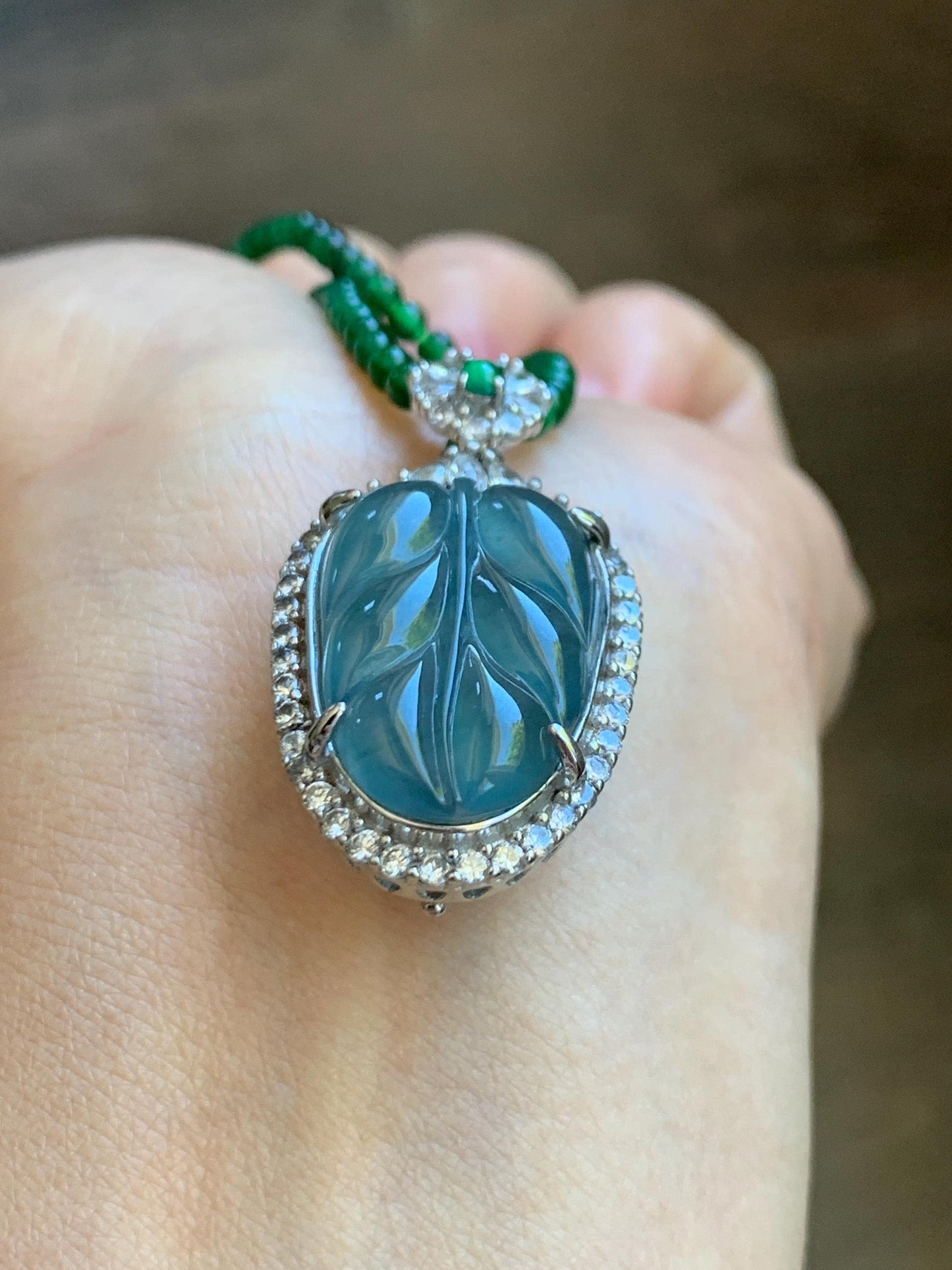 Certified Natural Guatemalan Icy Translucent Blue Jade Jadeite Leaf Pendant Sterling Silver Green Beaded Necklace 18g 天然冰危蓝翡翠叶子吊坠绿翡翠珠项链445