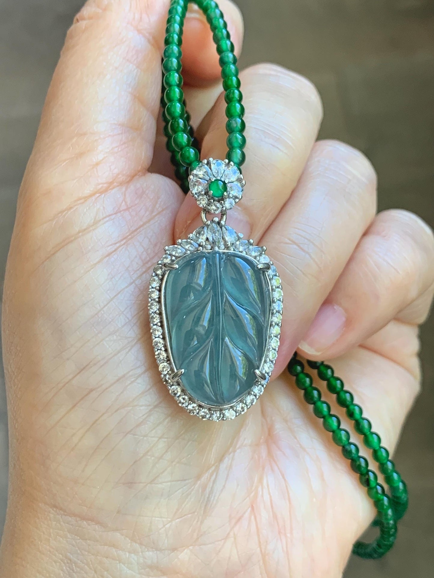 Certified Natural Guatemalan Icy Translucent Blue Jade Jadeite Leaf Pendant Sterling Silver Green Beaded Necklace 18g 天然冰危蓝翡翠叶子吊坠绿翡翠珠项链445
