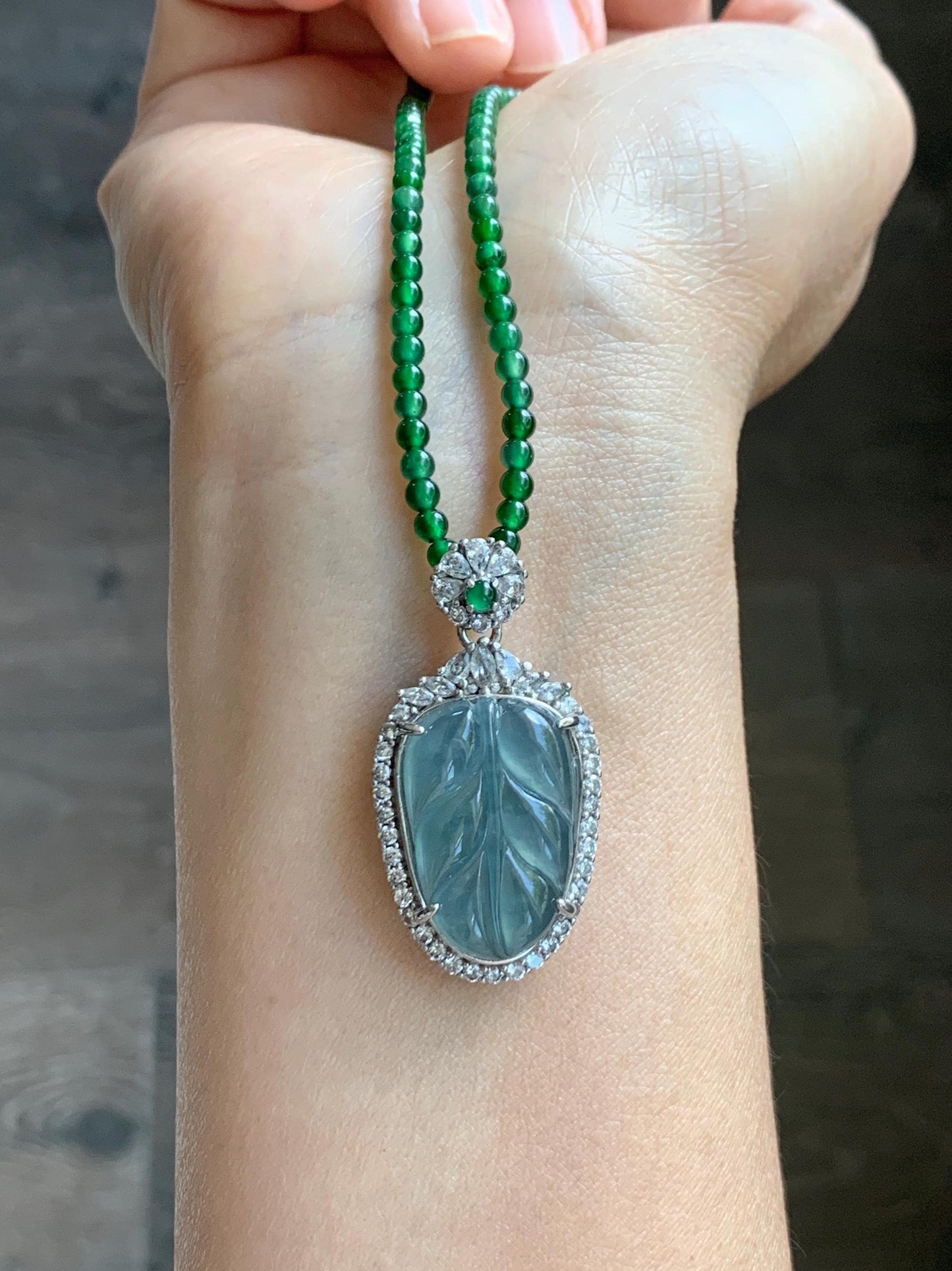 Certified Natural Guatemalan Icy Translucent Blue Jade Jadeite Leaf Pendant Sterling Silver Green Beaded Necklace 18g 天然冰危蓝翡翠叶子吊坠绿翡翠珠项链445