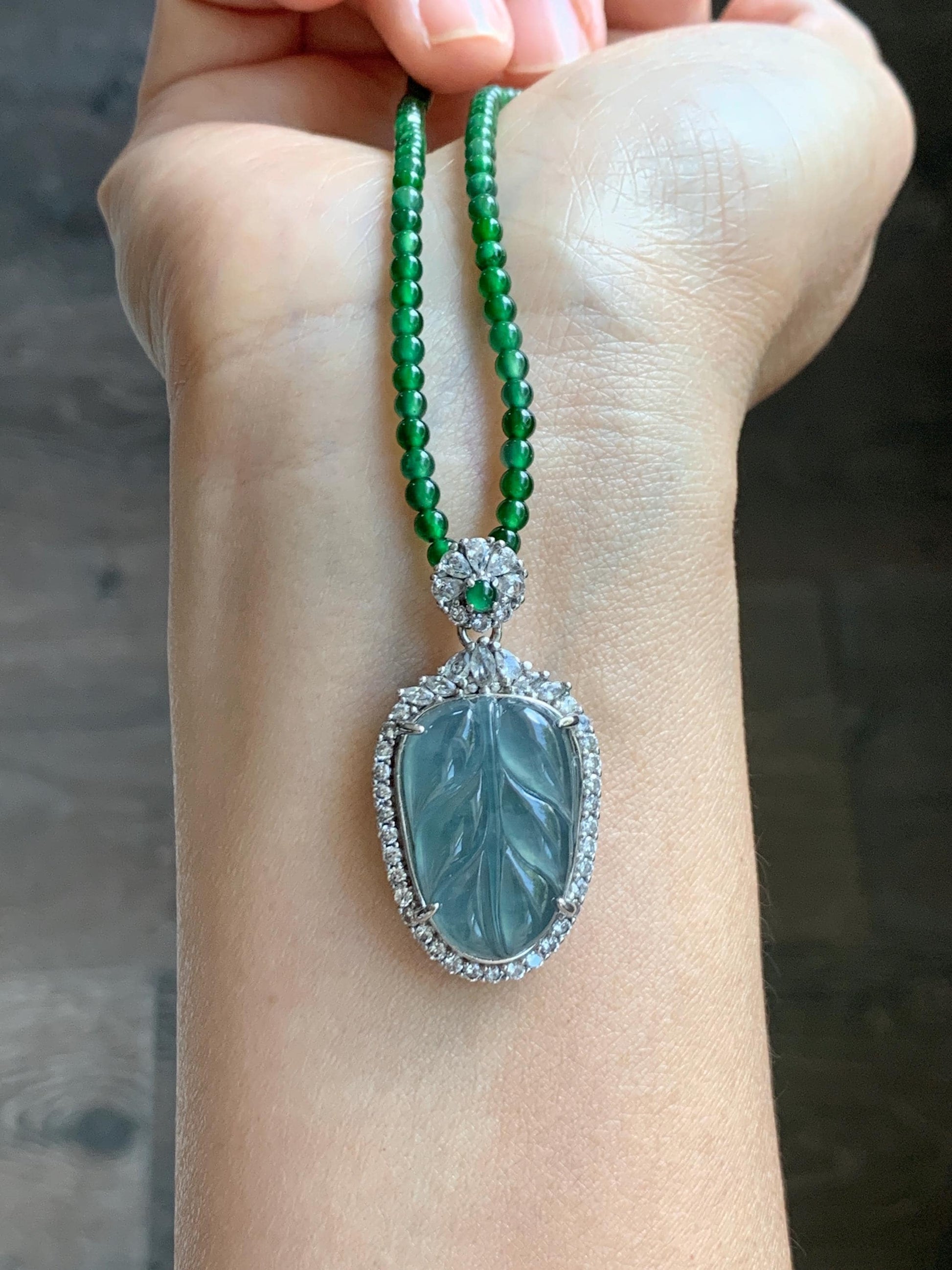 Certified Natural Guatemalan Icy Translucent Blue Jade Jadeite Leaf Pendant Sterling Silver Green Beaded Necklace 18g 天然冰危蓝翡翠叶子吊坠绿翡翠珠项链445
