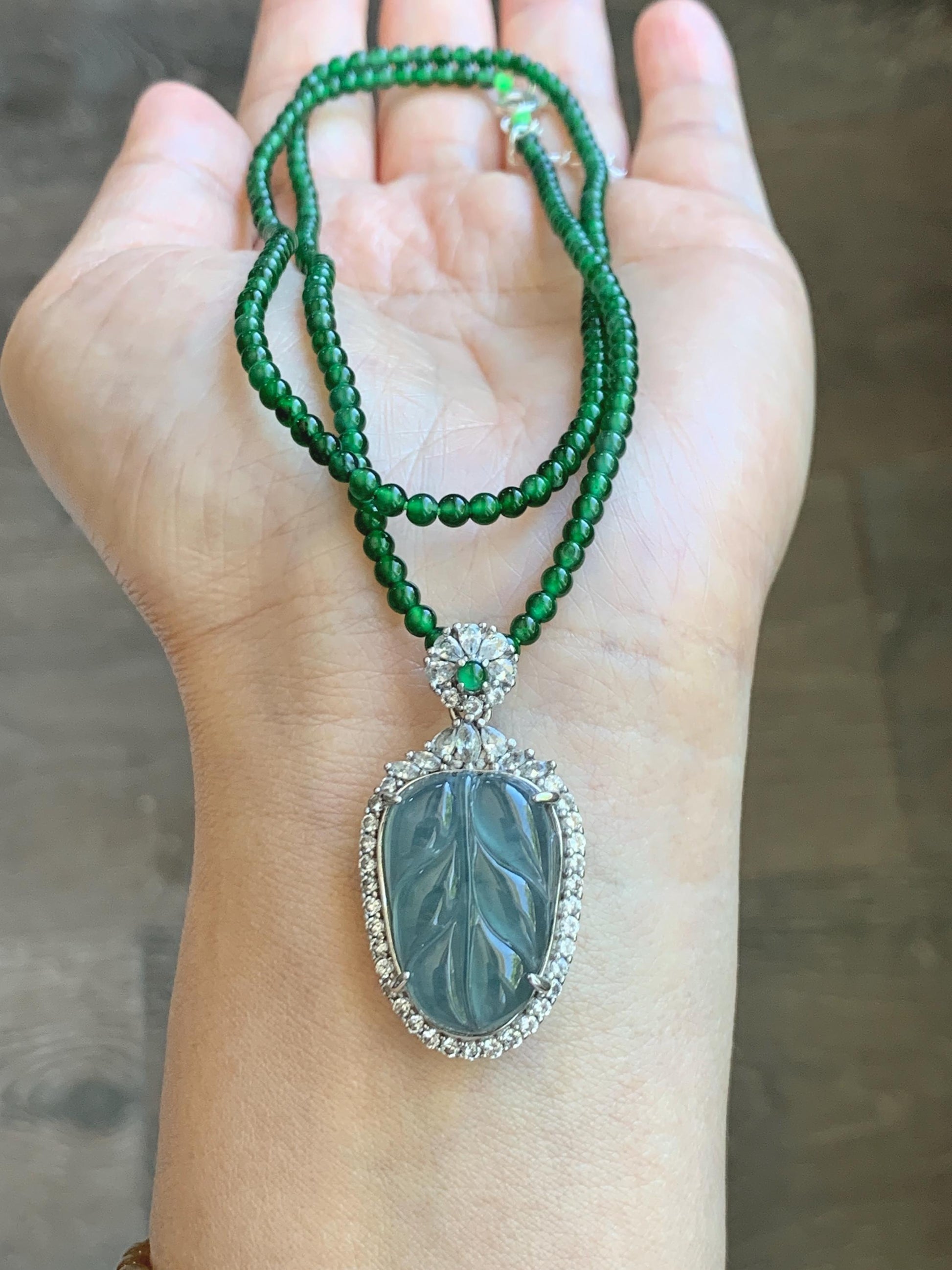 Certified Natural Guatemalan Icy Translucent Blue Jade Jadeite Leaf Pendant Sterling Silver Green Beaded Necklace 18g 天然冰危蓝翡翠叶子吊坠绿翡翠珠项链445