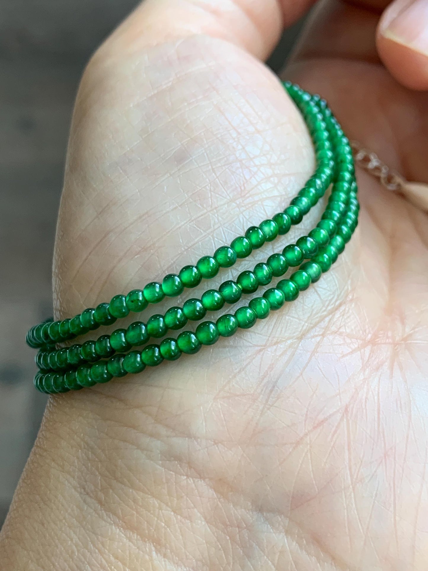 Certified Natural Grade A Guatemalan Icy Vibrant Green Jade Jadeite Petite Beaded Necklace Sterling Silver 2.5-2.7mm 6.79g 天然冰危绿翡翠小圆珠项链 470