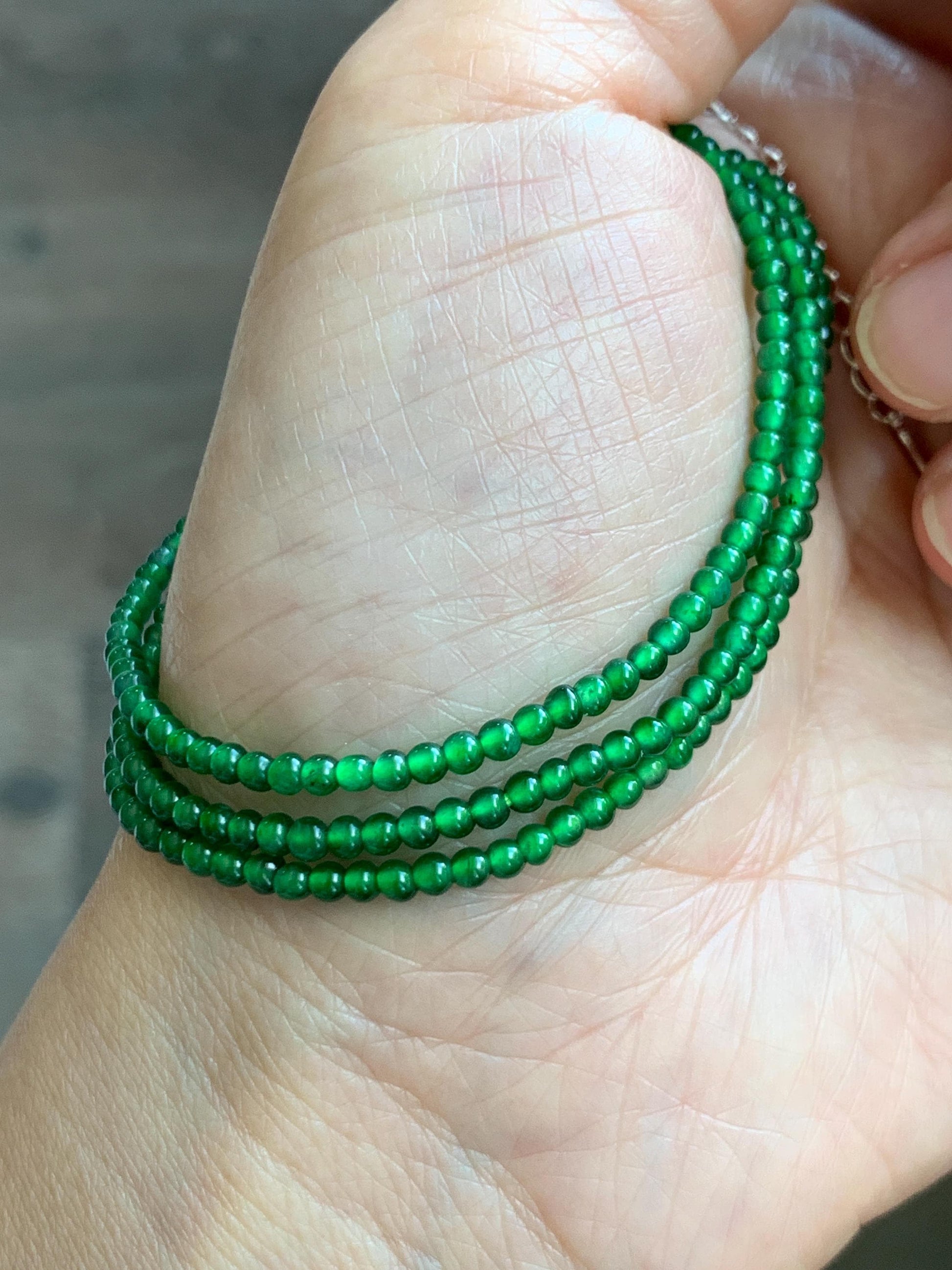 Certified Natural Grade A Guatemalan Icy Vibrant Green Jade Jadeite Petite Beaded Necklace Sterling Silver 2.5-2.7mm 6.79g 天然冰危绿翡翠小圆珠项链 470