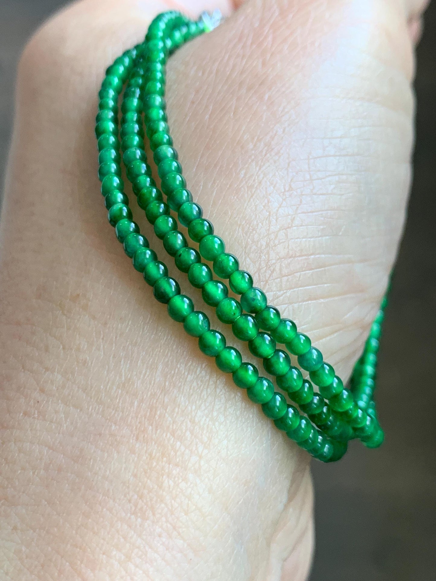 Certified Natural Grade A Guatemalan Icy Vibrant Green Jade Jadeite Petite Beaded Necklace Sterling Silver 2.5-2.7mm 6.79g 天然冰危绿翡翠小圆珠项链 470