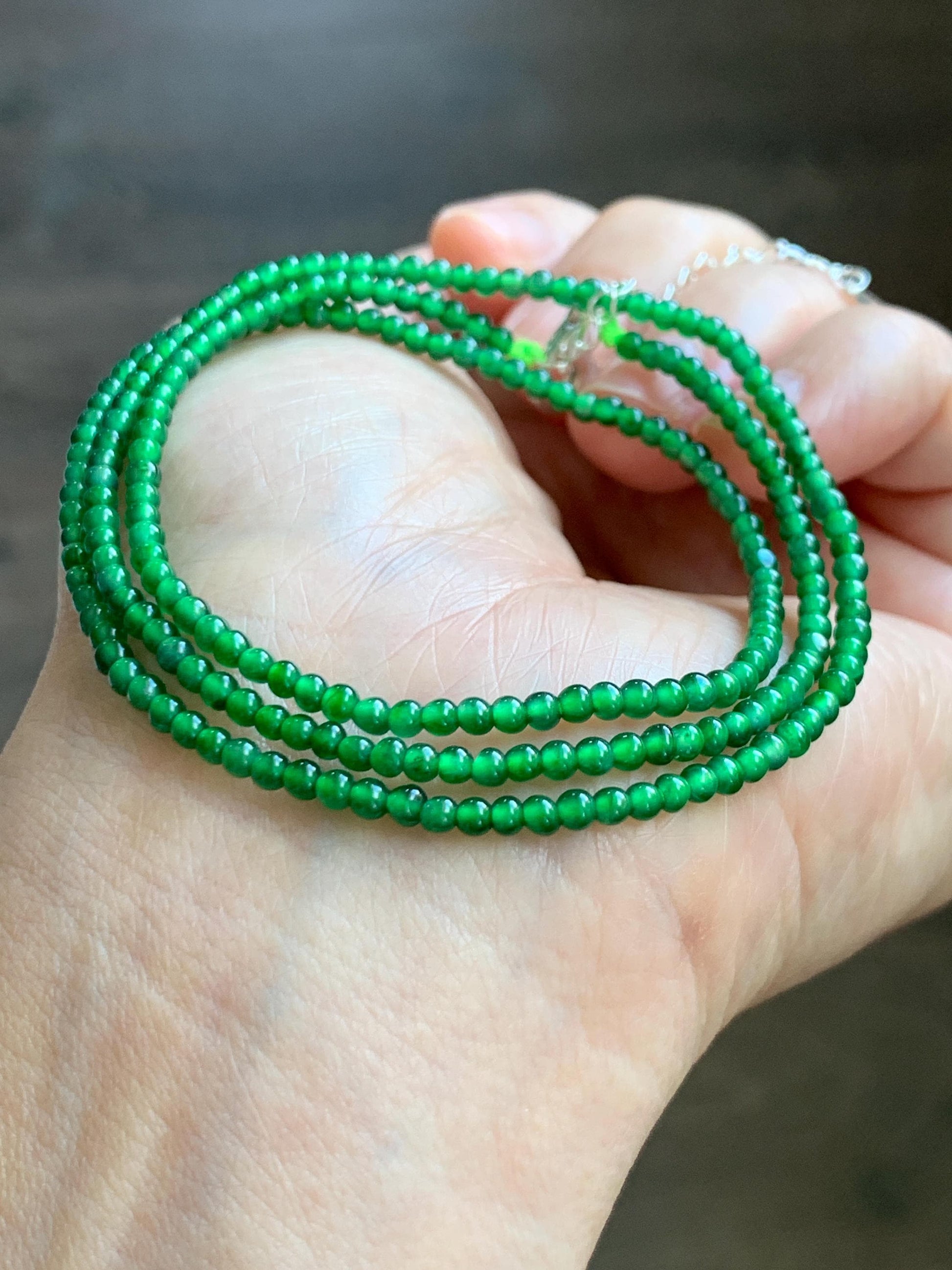 Certified Natural Grade A Guatemalan Icy Vibrant Green Jade Jadeite Petite Beaded Necklace Sterling Silver 2.5-2.7mm 6.79g 天然冰危绿翡翠小圆珠项链 470