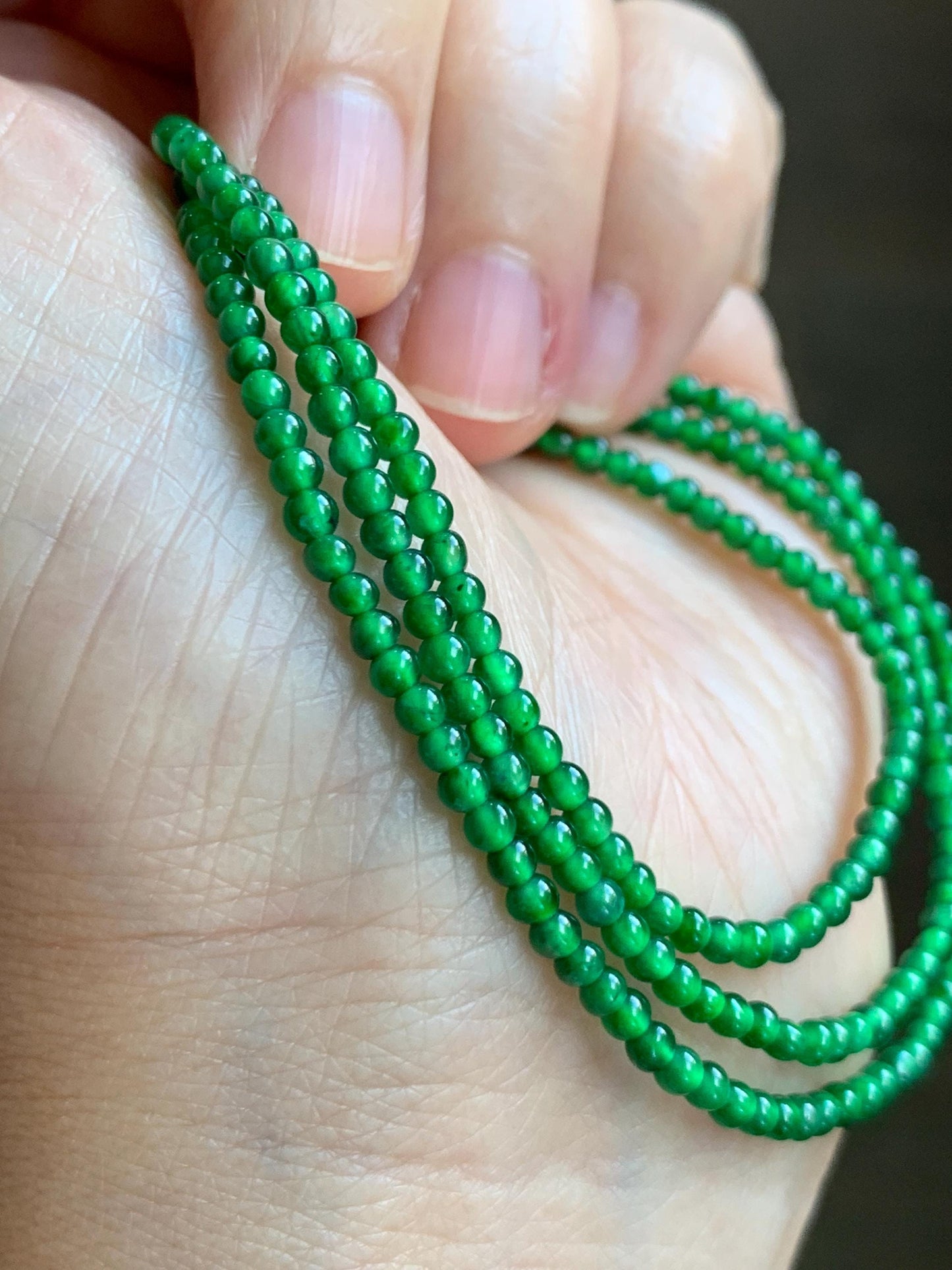 Certified Natural Grade A Guatemalan Icy Vibrant Green Jade Jadeite Petite Beaded Necklace Sterling Silver 2.5-2.7mm 6.79g 天然冰危绿翡翠小圆珠项链 470