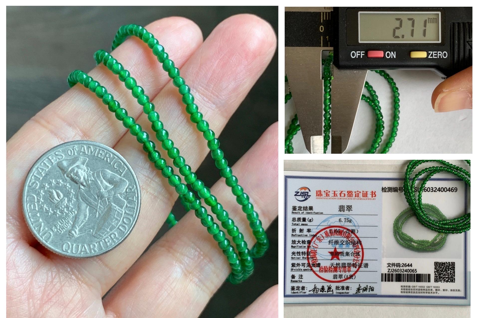 Certified Natural Grade A Guatemalan Icy Vibrant Green Jade Jadeite Petite Beaded Necklace Sterling Silver 2.5-2.7mm 6.75g 天然冰危绿翡翠小圆珠项链 469