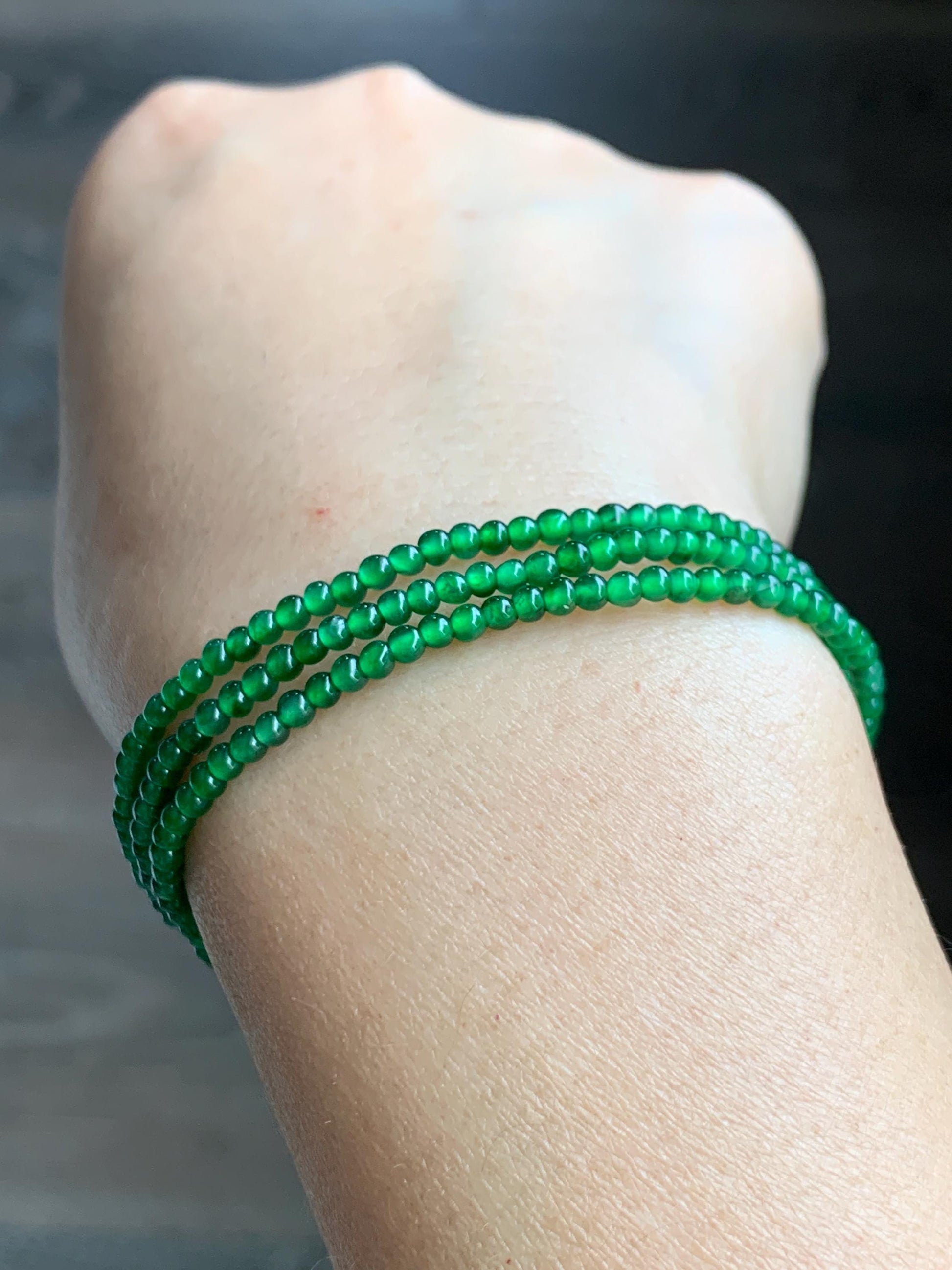 Certified Natural Grade A Guatemalan Icy Vibrant Green Jade Jadeite Petite Beaded Necklace Sterling Silver 2.5-2.7mm 6.75g 天然冰危绿翡翠小圆珠项链 469