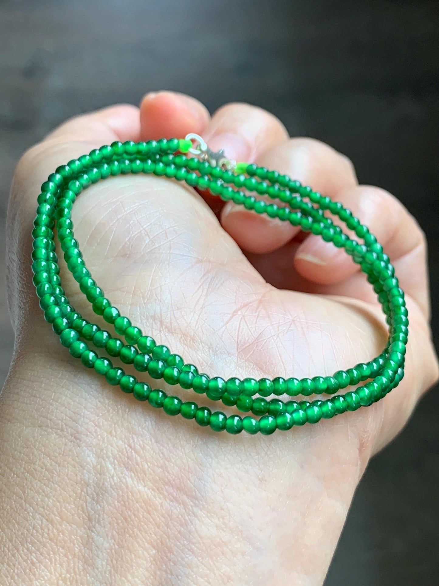 Certified Natural Grade A Guatemalan Icy Vibrant Green Jade Jadeite Petite Beaded Necklace Sterling Silver 2.5-2.7mm 6.75g 天然冰危绿翡翠小圆珠项链 469