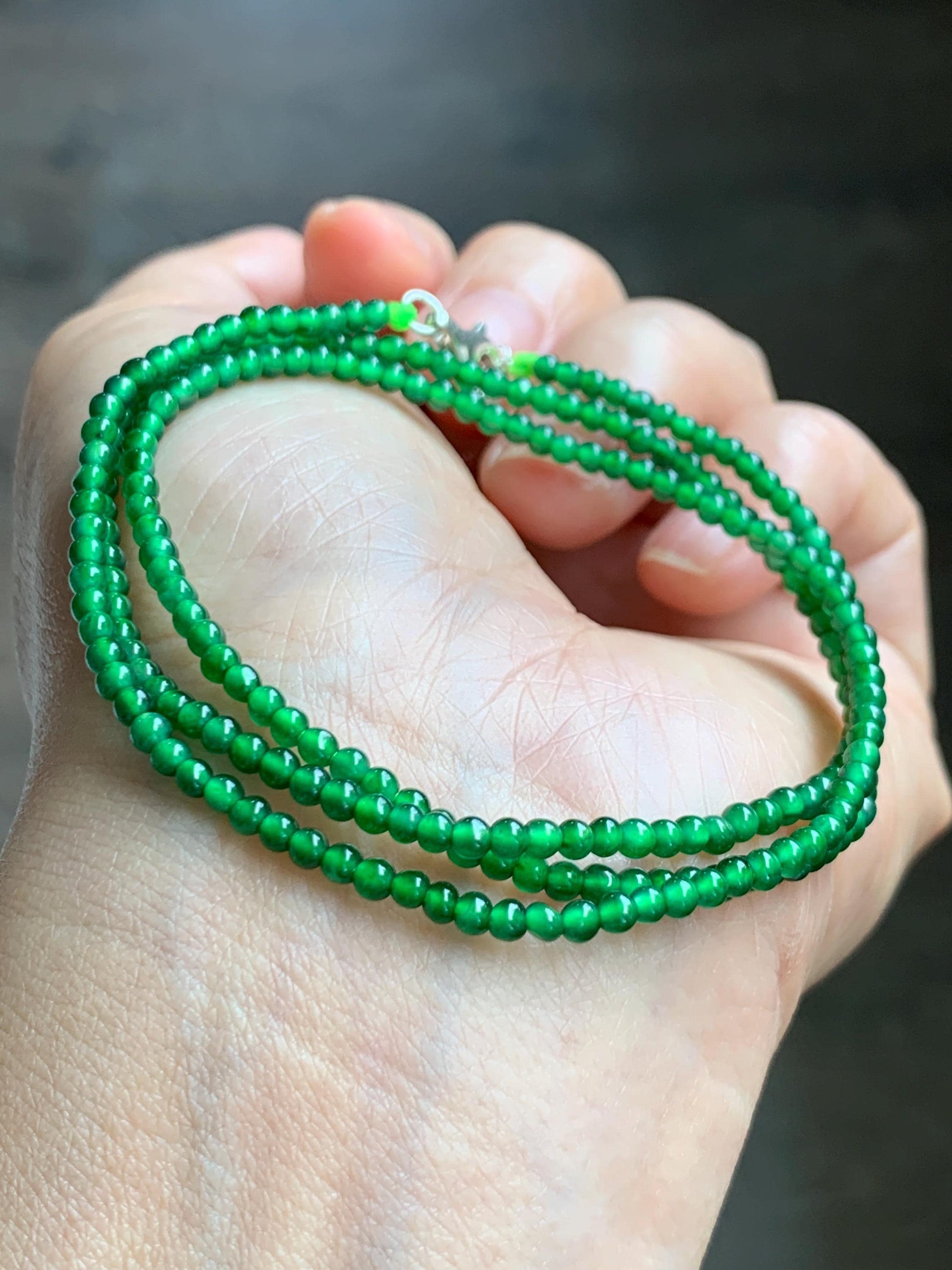 Certified Natural Grade A Guatemalan Icy Vibrant Green Jade Jadeite Petite Beaded Necklace Sterling Silver 2.5-2.7mm 6.75g 天然冰危绿翡翠小圆珠项链 469