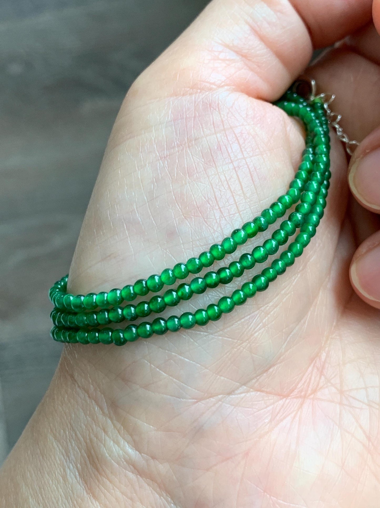 Certified Natural Grade A Guatemalan Icy Vibrant Green Jade Jadeite Petite Beaded Necklace Sterling Silver 2.5-2.7mm 6.75g 天然冰危绿翡翠小圆珠项链 469