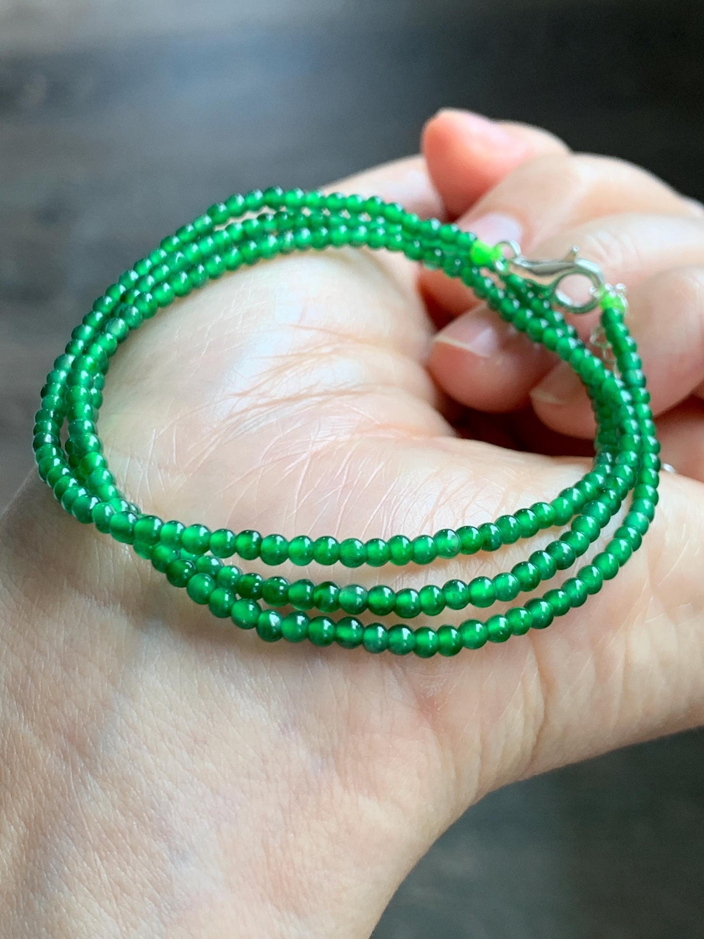 Certified Natural Grade A Guatemalan Icy Vibrant Green Jade Jadeite Petite Beaded Necklace Sterling Silver 2.5-2.7mm 6.75g 天然冰危绿翡翠小圆珠项链 469