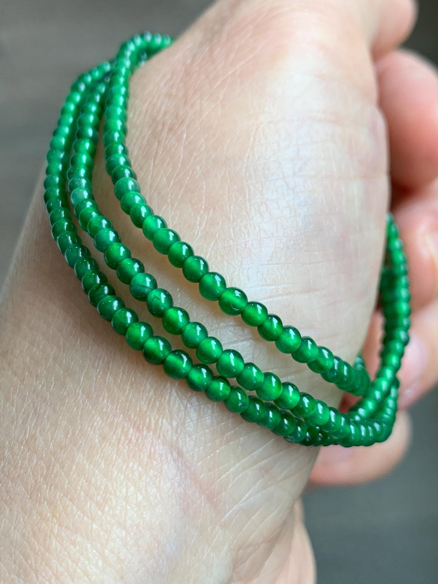 Certified Natural Grade A Guatemalan Icy Vibrant Green Jade Jadeite Petite Beaded Necklace Sterling Silver 2.5-2.7mm 6.75g 天然冰危绿翡翠小圆珠项链 469