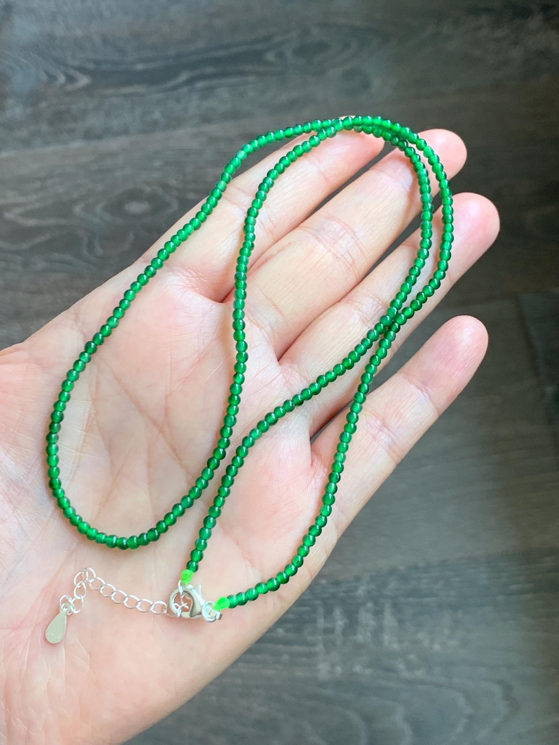 Certified Natural Grade A Guatemalan Icy Vibrant Green Jade Jadeite Petite Beaded Necklace Sterling Silver 2.5-2.7mm 6.75g 天然冰危绿翡翠小圆珠项链 469
