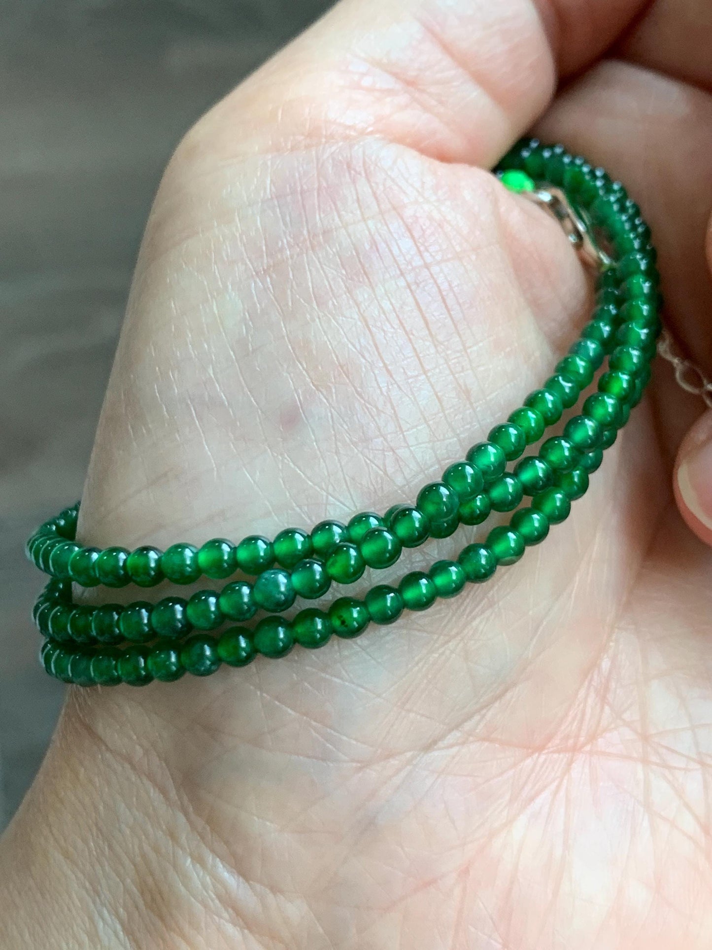 Certified Natural Grade A Guatemalan Icy Vibrant Green Jade Jadeite Petite Beaded Necklace Sterling Silver 3-3.2mm 9.59g 天然冰危绿翡翠小圆珠项链 464