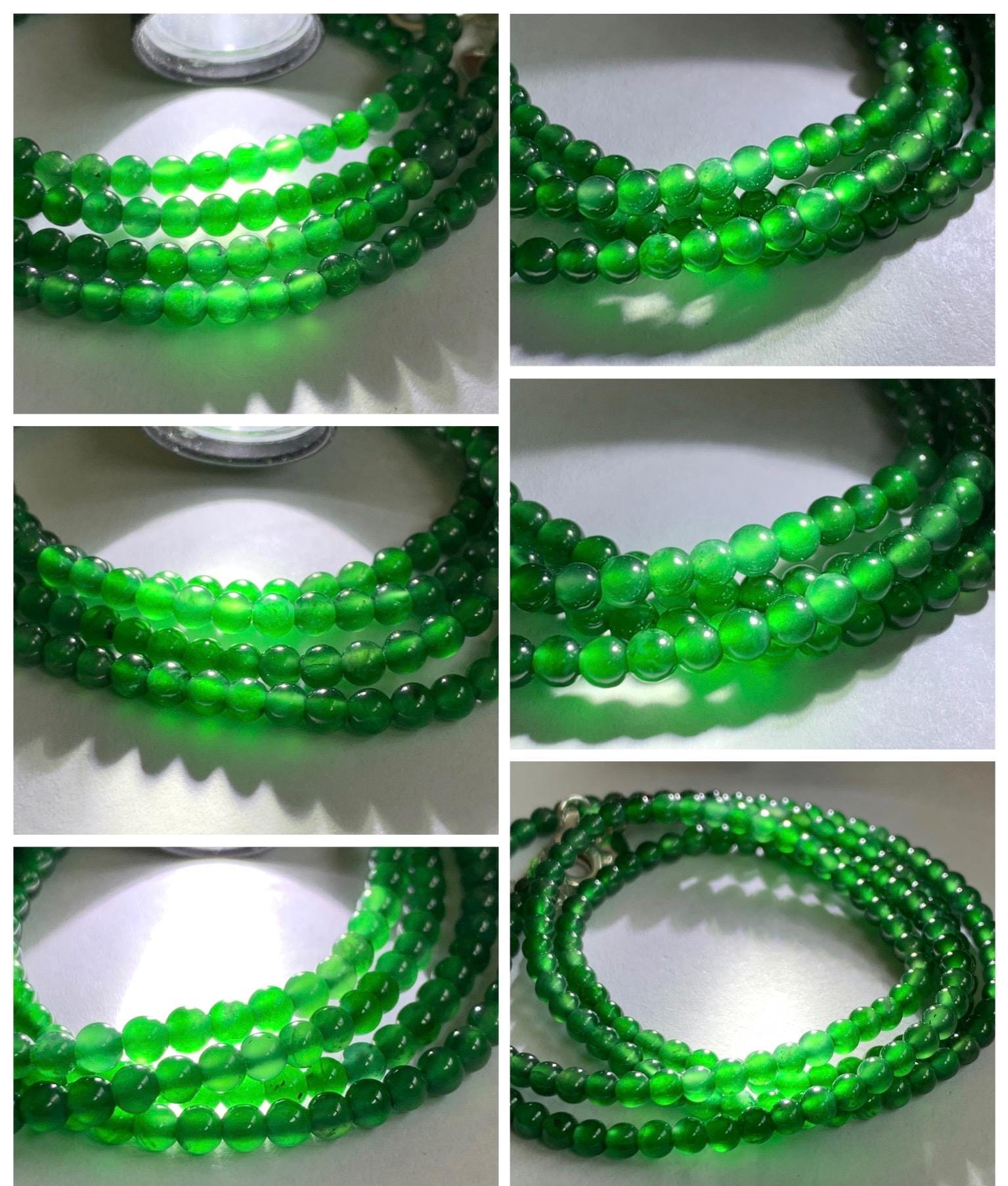 Certified Natural Grade A Guatemalan Icy Vibrant Green Jade Jadeite Petite Beaded Necklace Sterling Silver 3-3.2mm 9.59g 天然冰危绿翡翠小圆珠项链 464