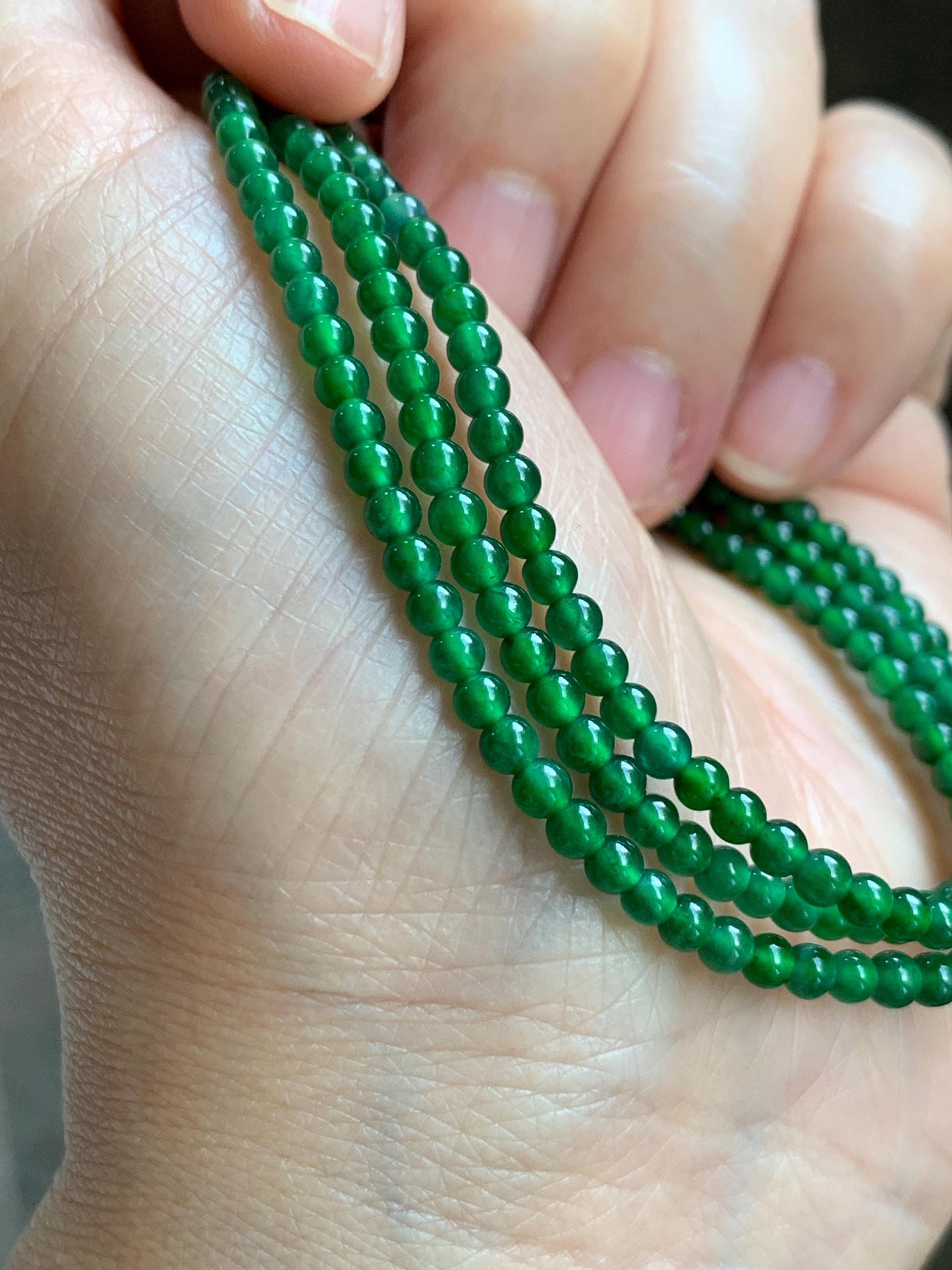 Certified Natural Grade A Guatemalan Icy Vibrant Green Jade Jadeite Petite Beaded Necklace Sterling Silver 3-3.2mm 9.59g 天然冰危绿翡翠小圆珠项链 464