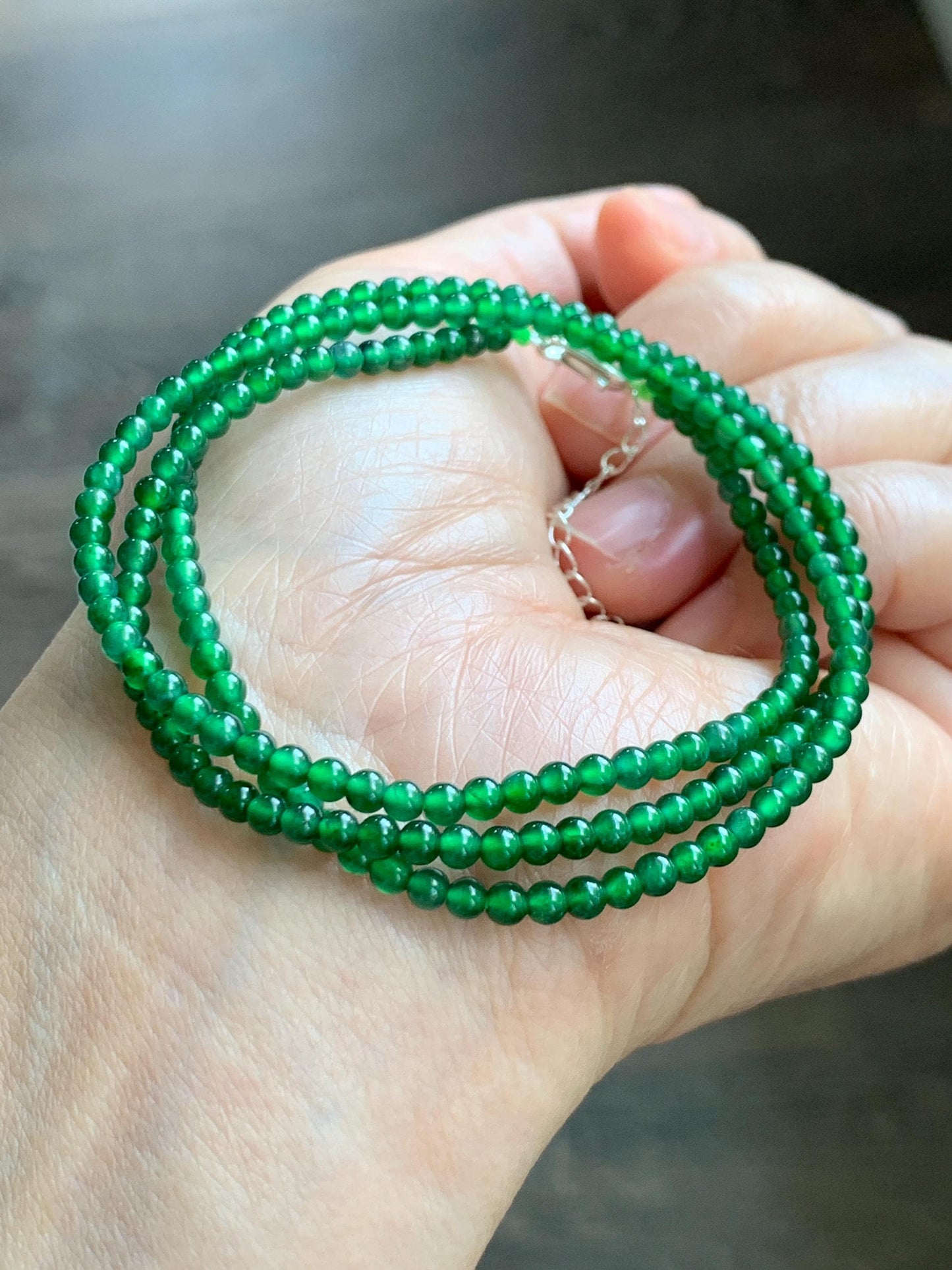 Certified Natural Grade A Guatemalan Icy Vibrant Green Jade Jadeite Petite Beaded Necklace Sterling Silver 3-3.2mm 9.59g 天然冰危绿翡翠小圆珠项链 464