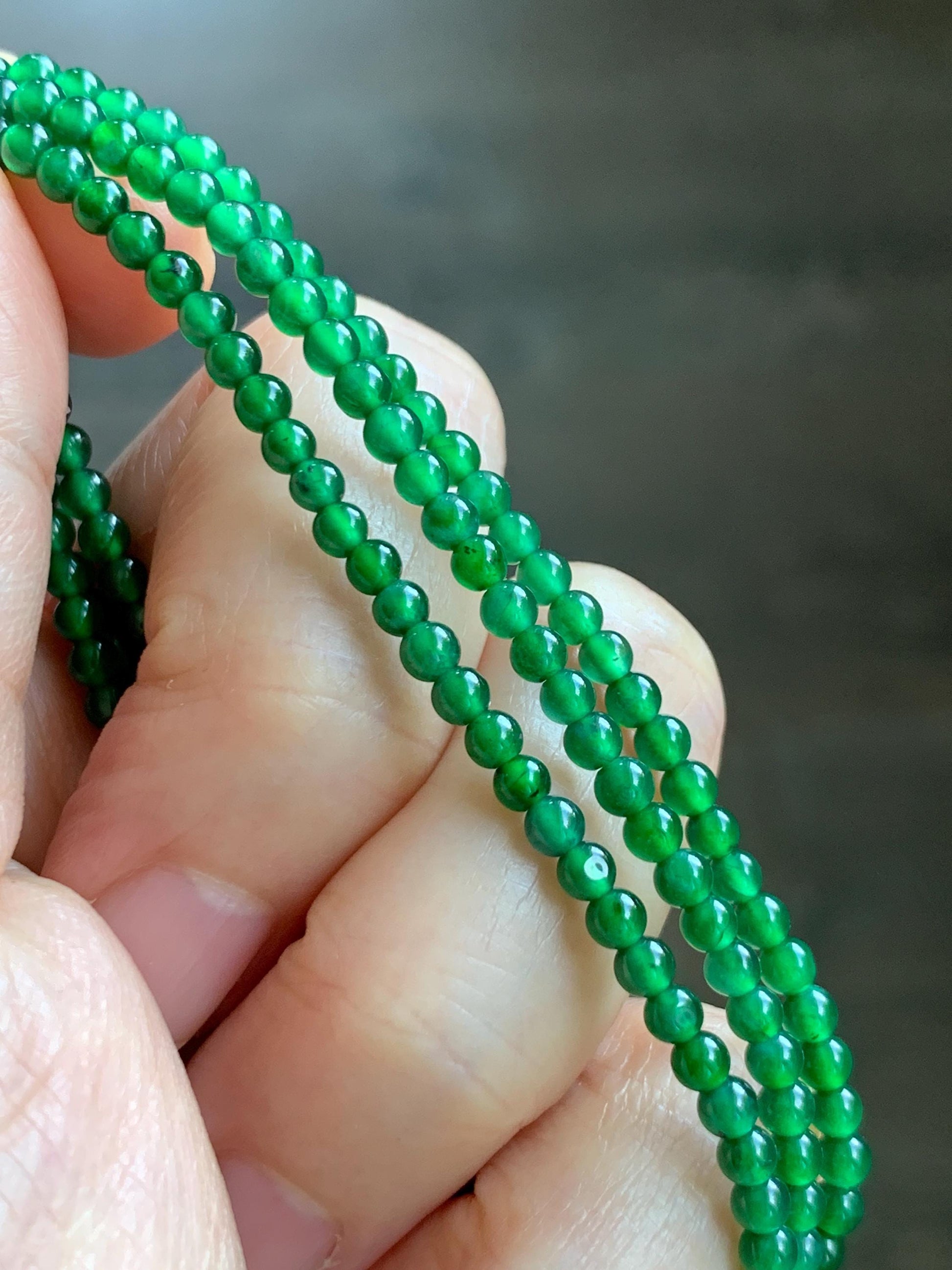 Certified Natural Grade A Guatemalan Icy Vibrant Green Jade Jadeite Petite Beaded Necklace Sterling Silver 3-3.2mm 9.59g 天然冰危绿翡翠小圆珠项链 464