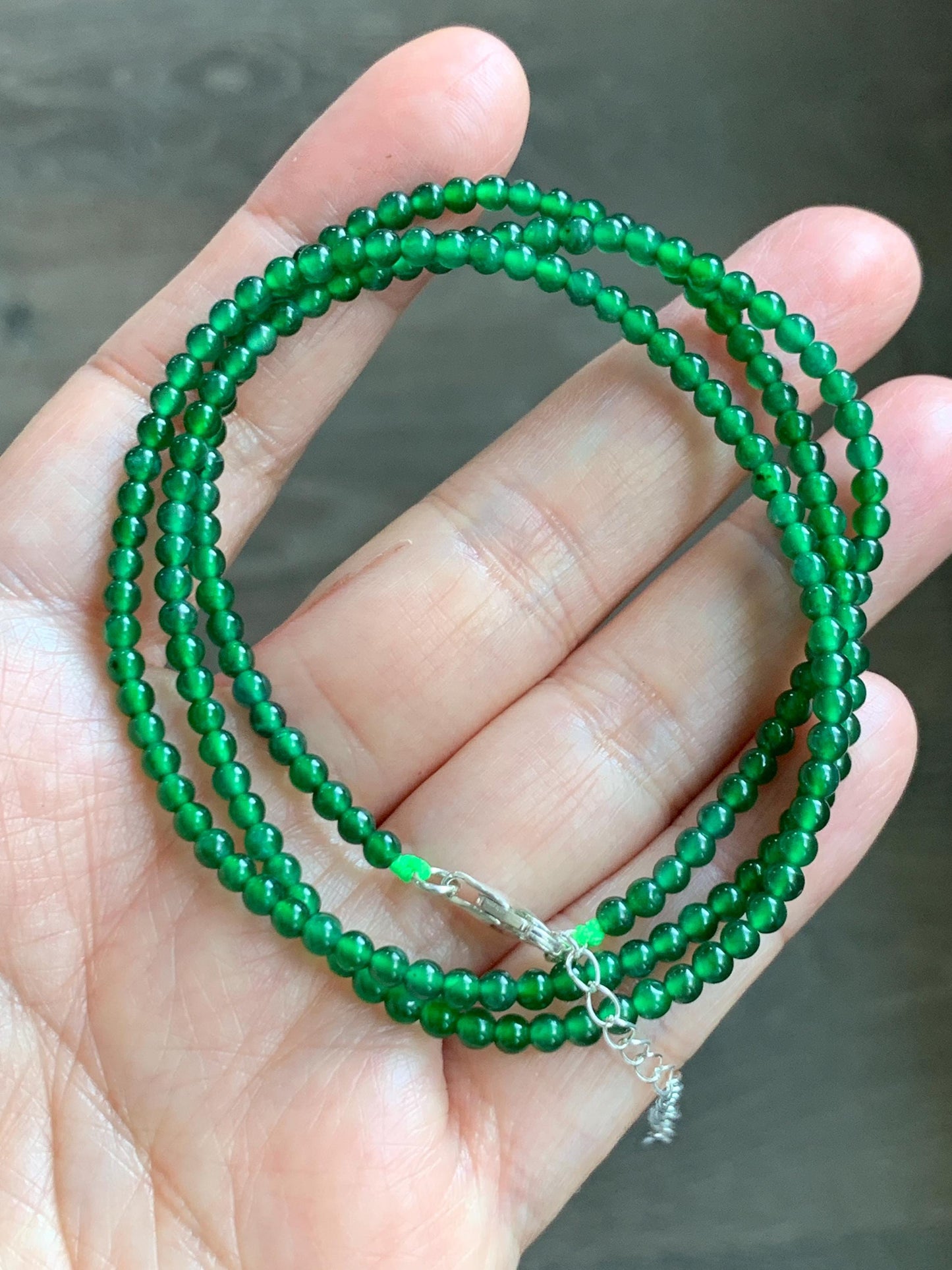 Certified Natural Grade A Guatemalan Icy Vibrant Green Jade Jadeite Petite Beaded Necklace Sterling Silver 3-3.2mm 9.59g 天然冰危绿翡翠小圆珠项链 464