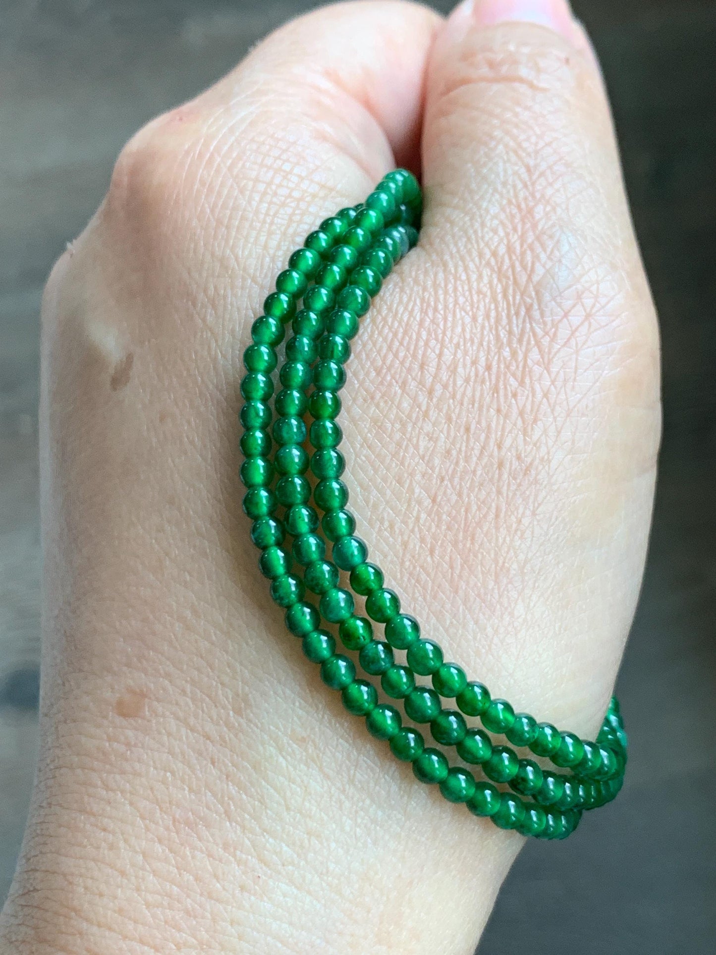 Certified Natural Grade A Guatemalan Icy Vibrant Green Jade Jadeite Petite Beaded Necklace Sterling Silver 3-3.2mm 9.59g 天然冰危绿翡翠小圆珠项链 464