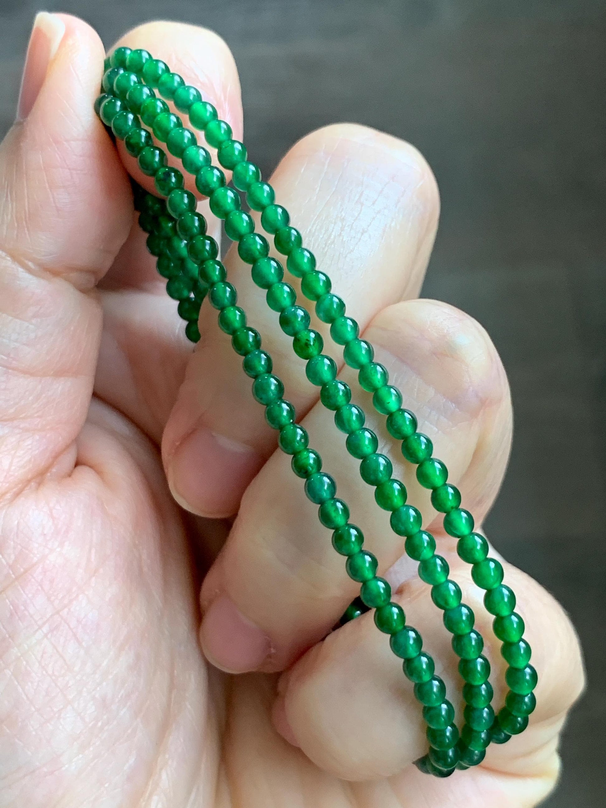 Certified Natural Grade A Guatemalan Icy Vibrant Green Jade Jadeite Petite Beaded Necklace Sterling Silver 3-3.2mm 9.59g 天然冰危绿翡翠小圆珠项链 464