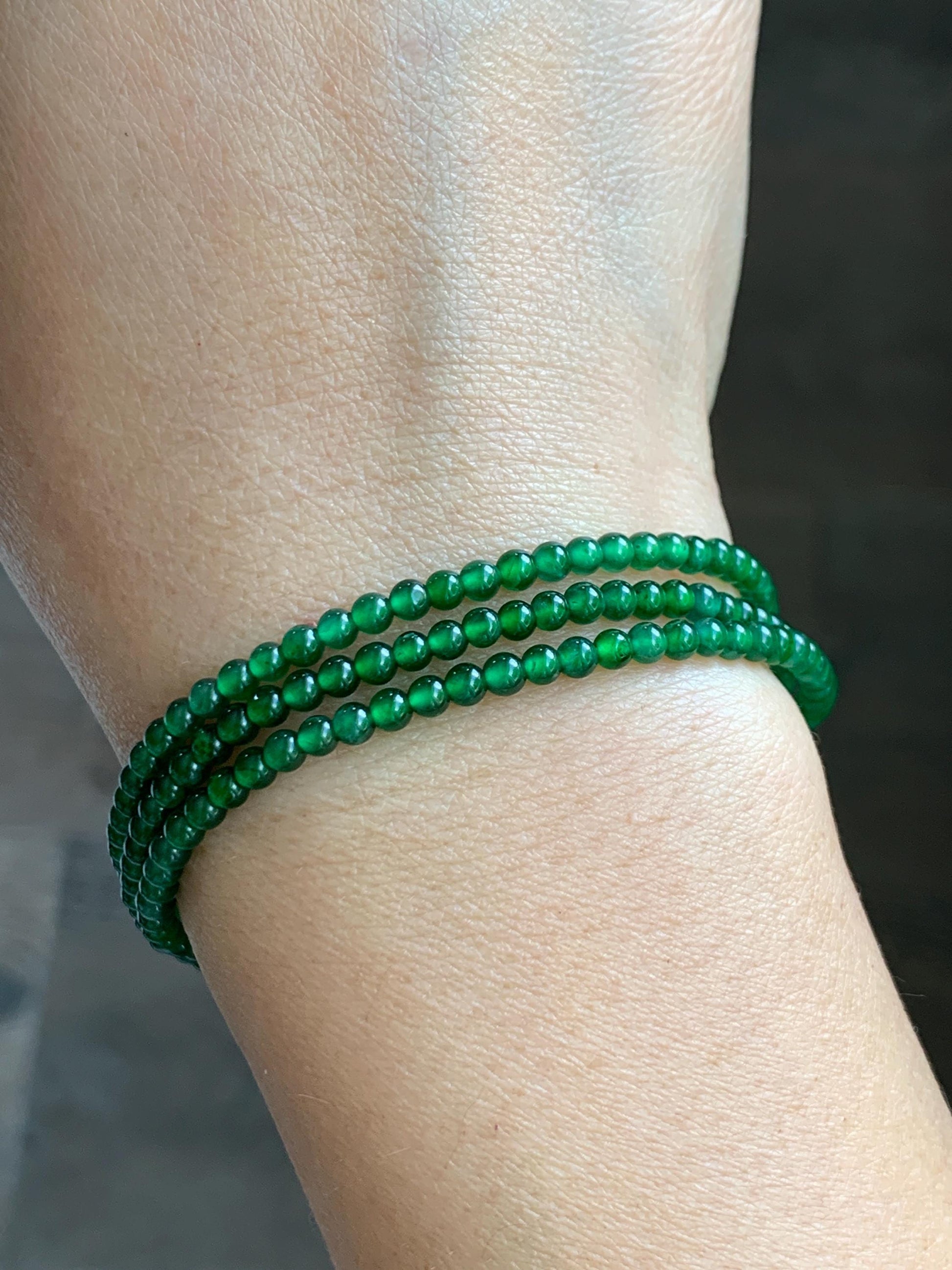 Certified Natural Grade A Guatemalan Icy Vibrant Green Jade Jadeite Petite Beaded Necklace Sterling Silver 3-3.2mm 9.59g 天然冰危绿翡翠小圆珠项链 464