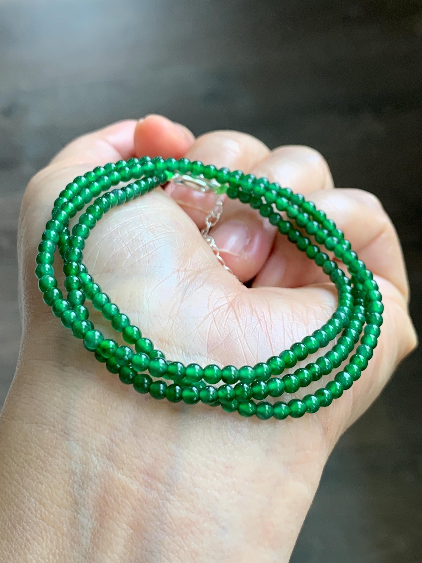 Certified Natural Grade A Guatemalan Icy Vibrant Green Jade Jadeite Petite Beaded Necklace Sterling Silver 3-3.2mm 9.59g 天然冰危绿翡翠小圆珠项链 464