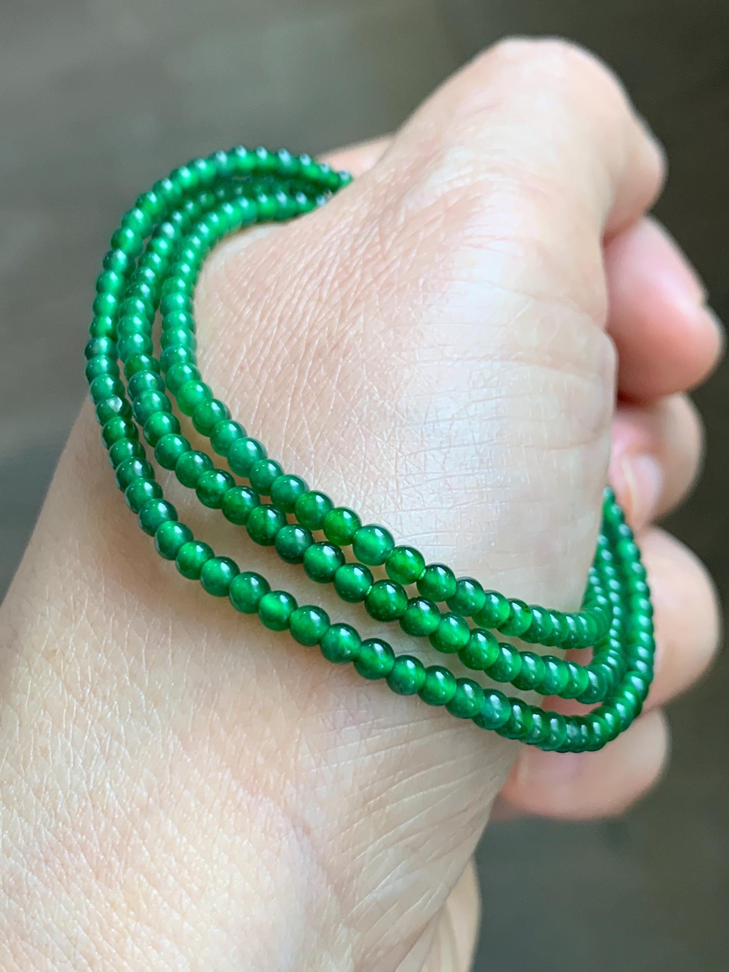 Certified Natural Grade A Guatemalan Icy Vibrant Green Jade Jadeite Petite Beaded Necklace Sterling Silver 2.8-3mm 8.15g 天然冰危绿翡翠小圆珠项链 465
