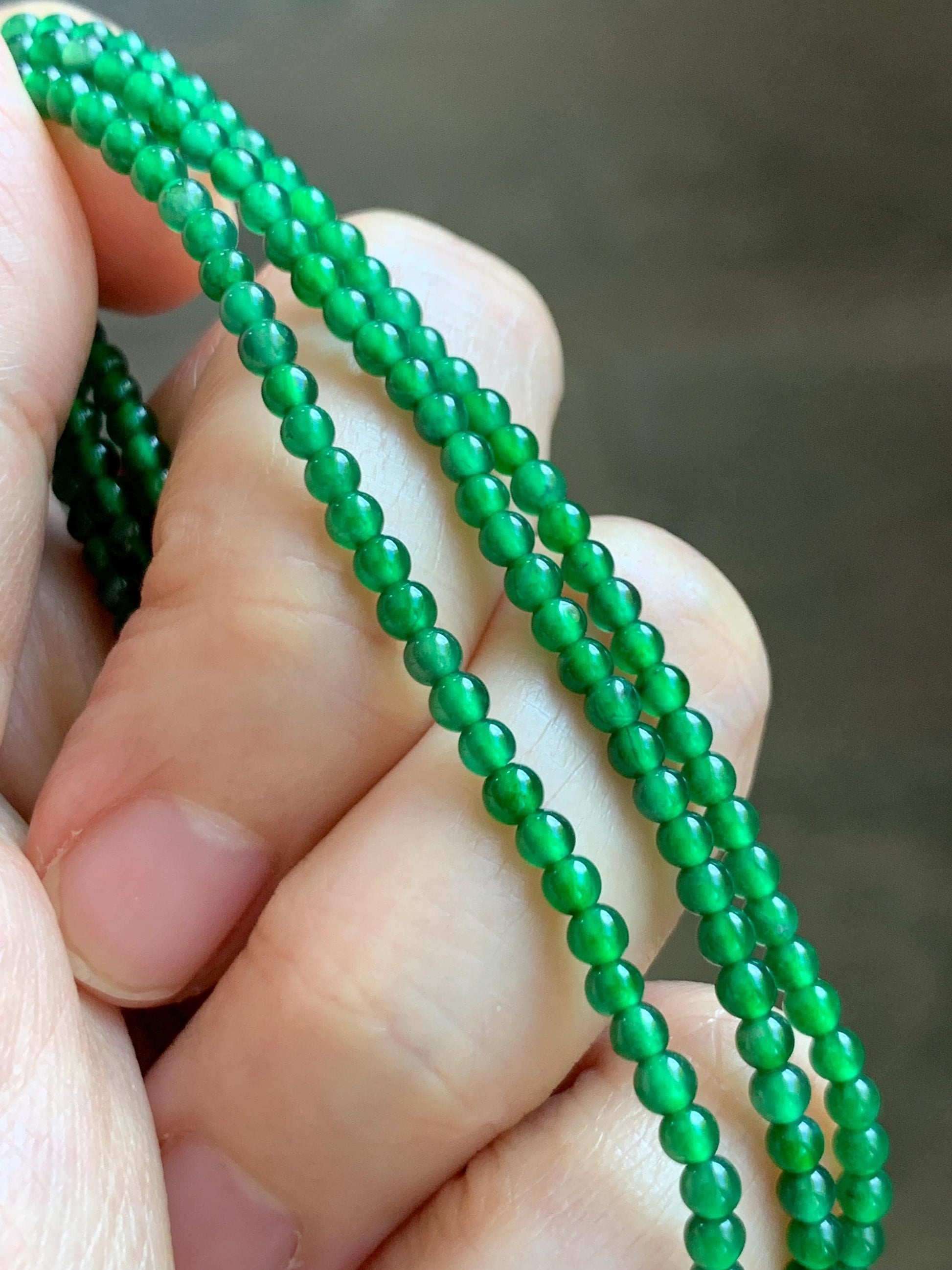Certified Natural Grade A Guatemalan Icy Vibrant Green Jade Jadeite Petite Beaded Necklace Sterling Silver 2.8-3mm 8.15g 天然冰危绿翡翠小圆珠项链 465