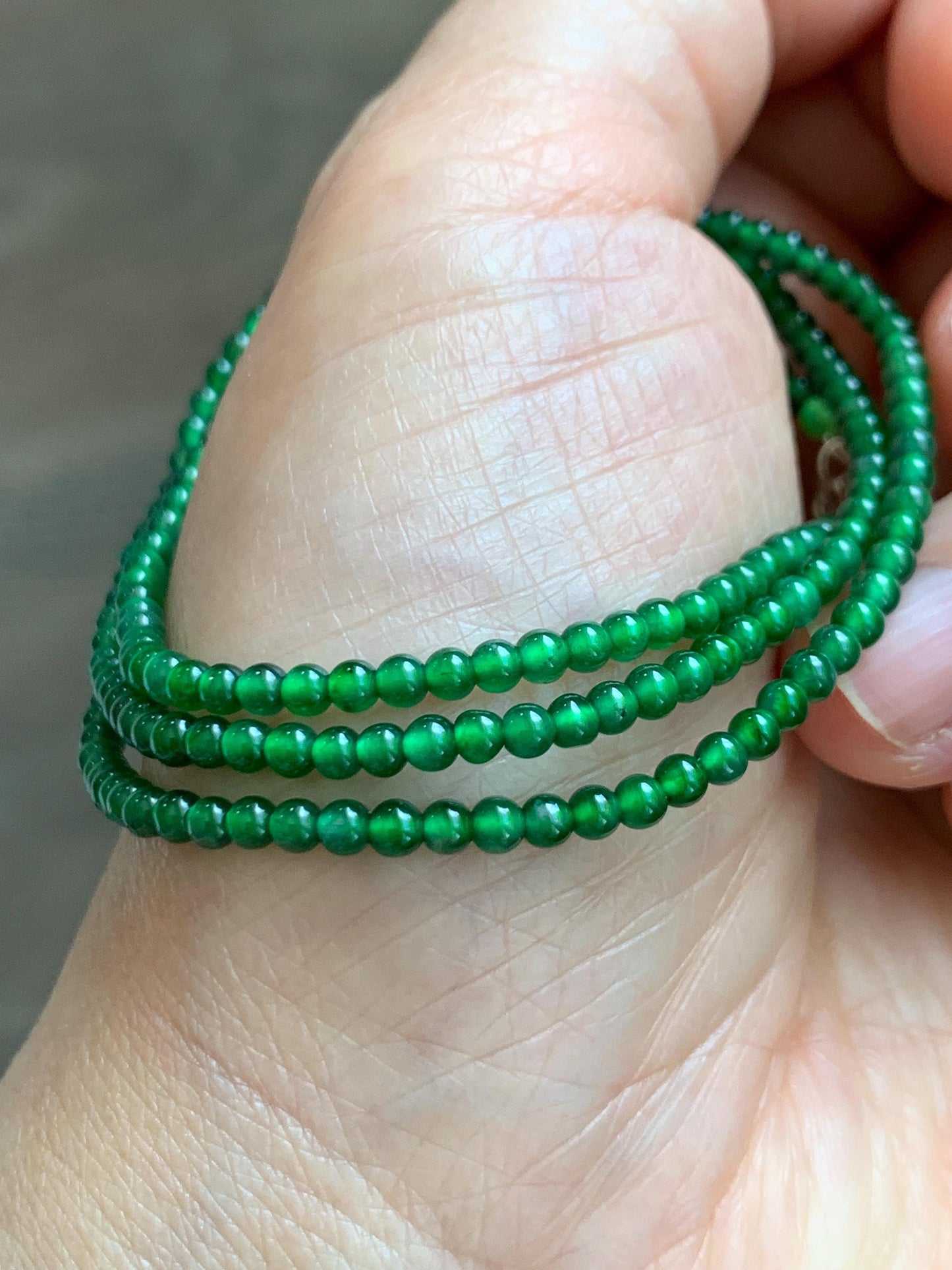 Certified Natural Grade A Guatemalan Icy Vibrant Green Jade Jadeite Petite Beaded Necklace Sterling Silver 2.8-3mm 8.15g 天然冰危绿翡翠小圆珠项链 465