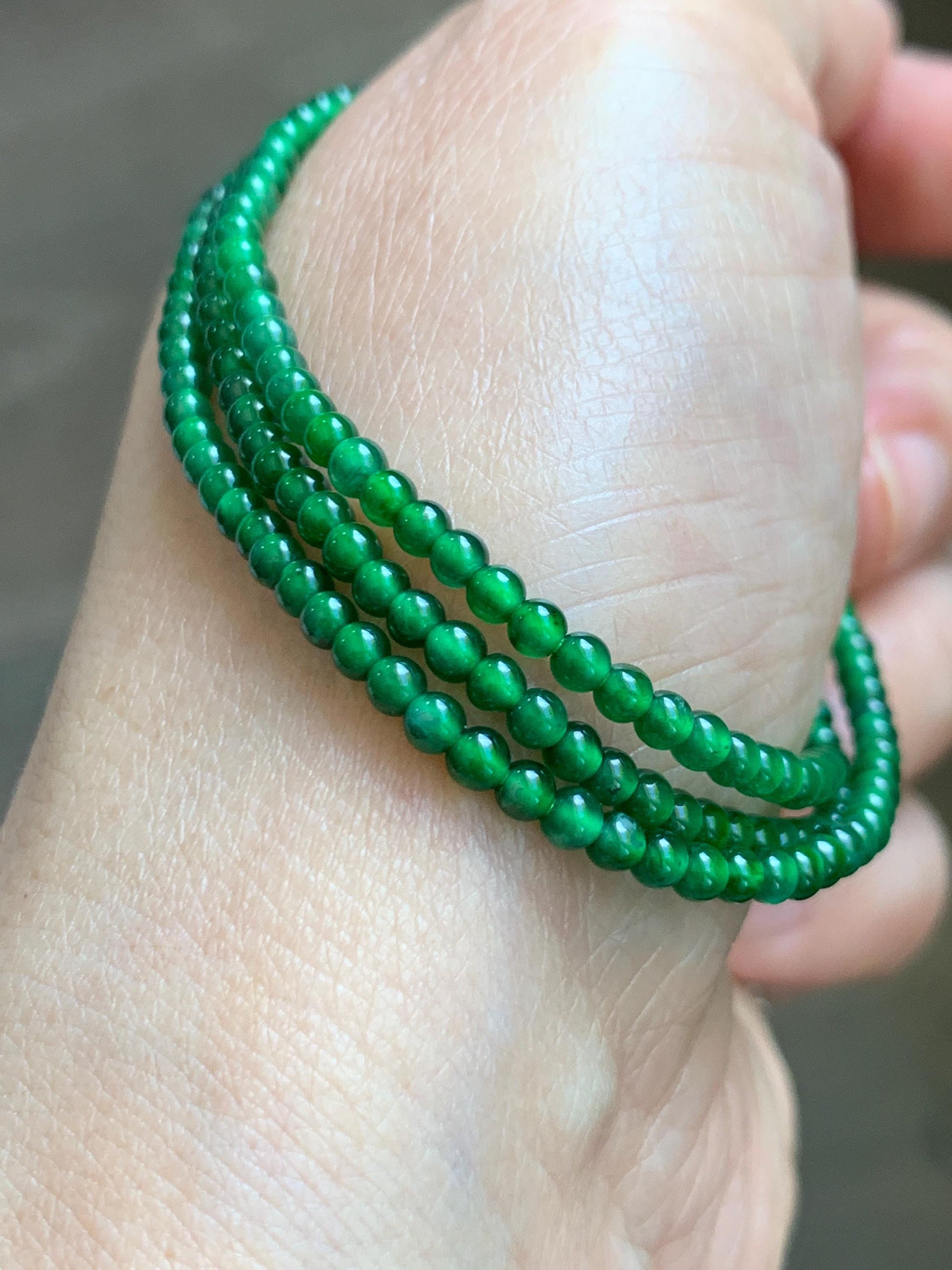 Certified Natural Grade A Guatemalan Icy Vibrant Green Jade Jadeite Petite Beaded Necklace Sterling Silver 2.8-3mm 8.15g 天然冰危绿翡翠小圆珠项链 465