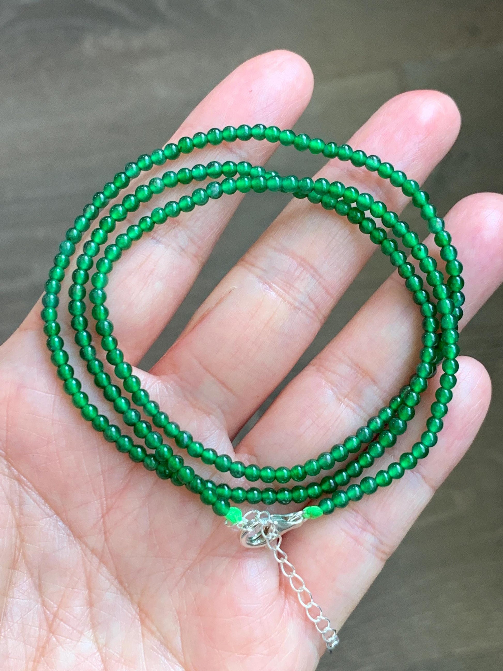 Certified Natural Grade A Guatemalan Icy Vibrant Green Jade Jadeite Petite Beaded Necklace Sterling Silver 2.8-3mm 8.15g 天然冰危绿翡翠小圆珠项链 465