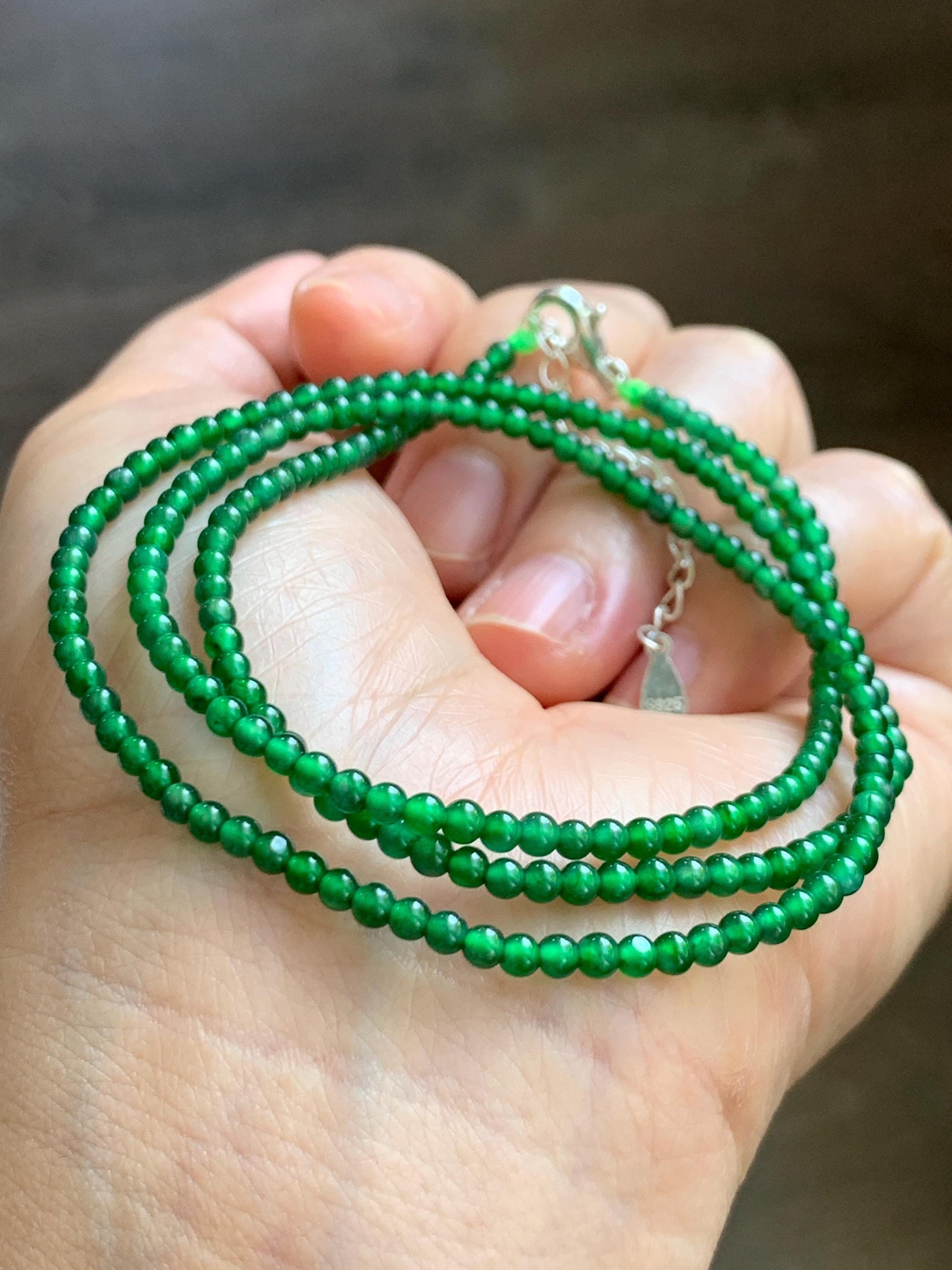 Certified Natural Grade A Guatemalan Icy Vibrant Green Jade Jadeite Petite Beaded Necklace Sterling Silver 2.8-3mm 8.15g 天然冰危绿翡翠小圆珠项链 465