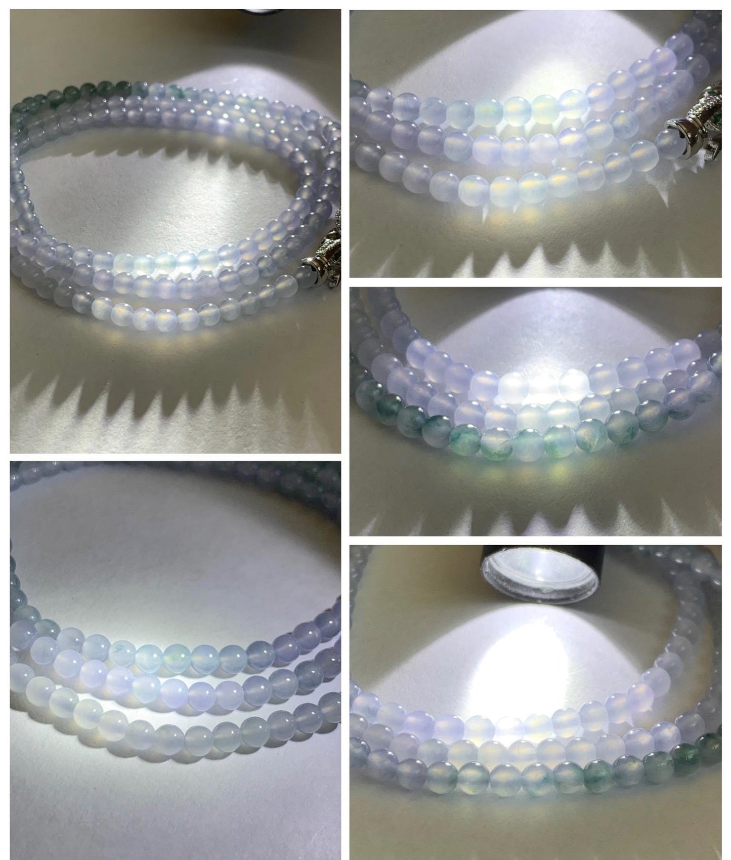 Certified Grade A Natural Icy Translucent Pastel Purple Teal Green Marbled Jade Jadeite Petite Beaded Necklace 3.5mm 19.75” 天然冰胶浅紫翡翠圆珠项链 468