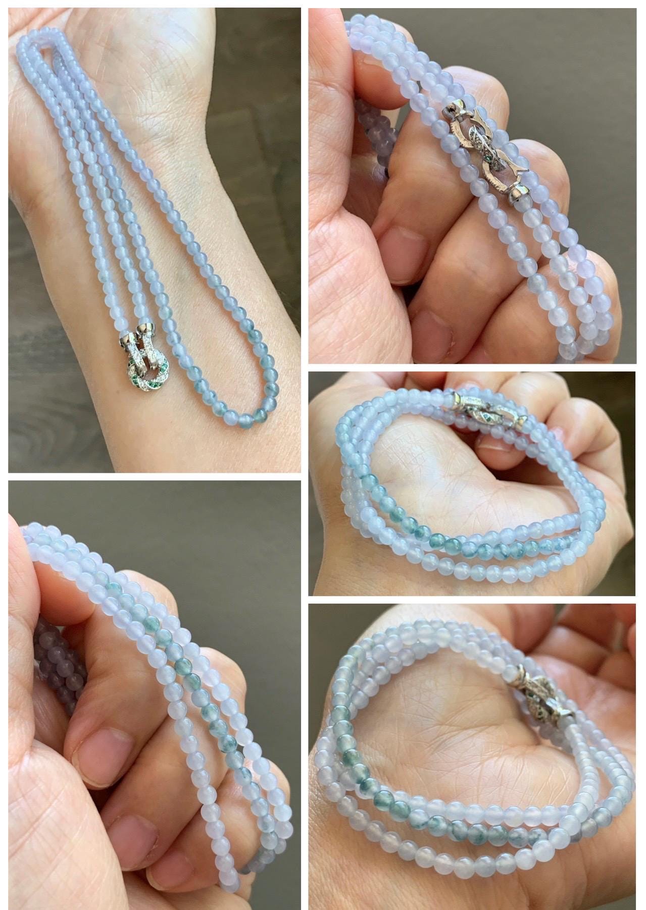 Certified Grade A Natural Icy Translucent Pastel Purple Teal Green Marbled Jade Jadeite Petite Beaded Necklace 3.5mm 19.75” 天然冰胶浅紫翡翠圆珠项链 468