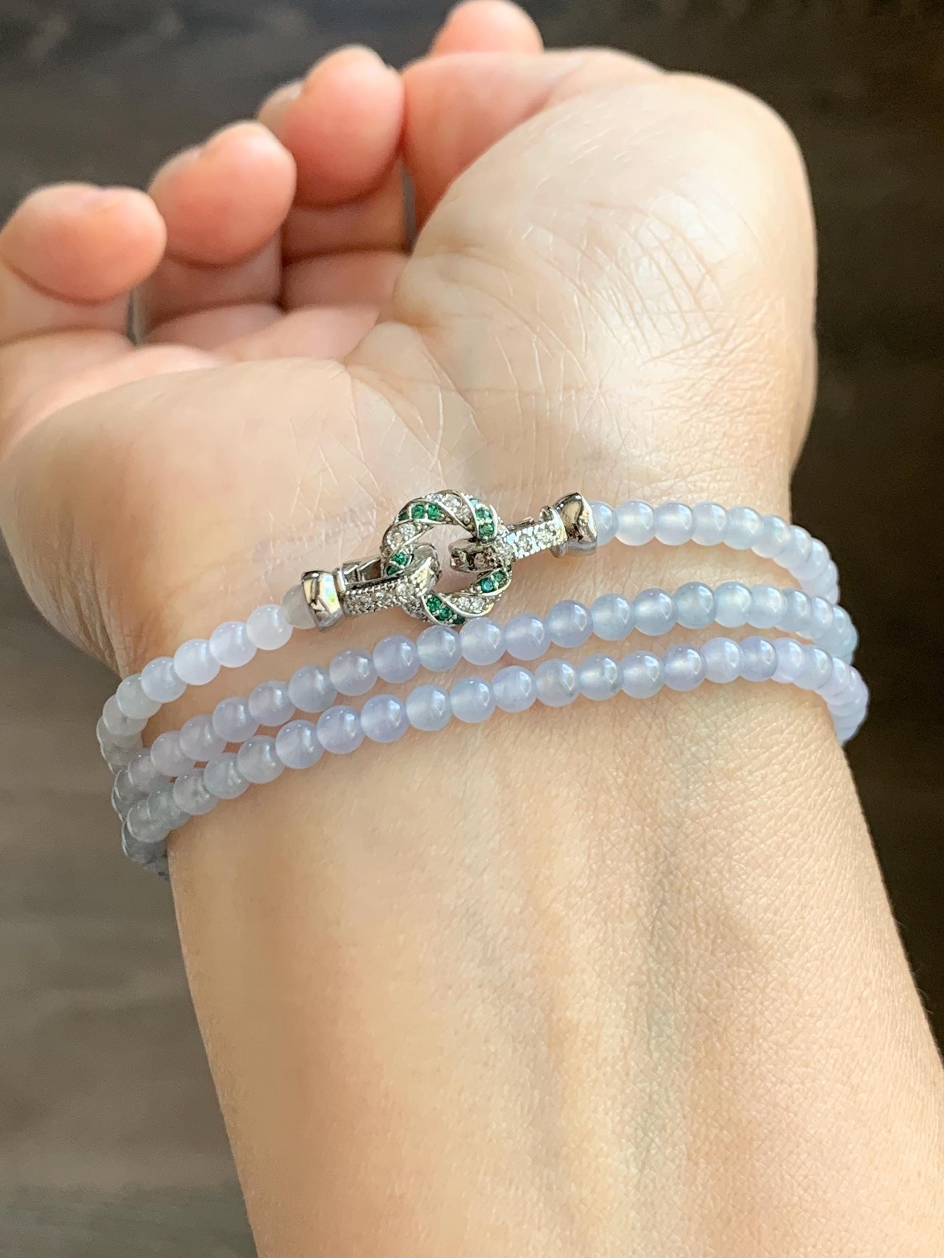 Certified Grade A Natural Icy Translucent Pastel Purple Teal Green Marbled Jade Jadeite Petite Beaded Necklace 3.5mm 19.75” 天然冰胶浅紫翡翠圆珠项链 468