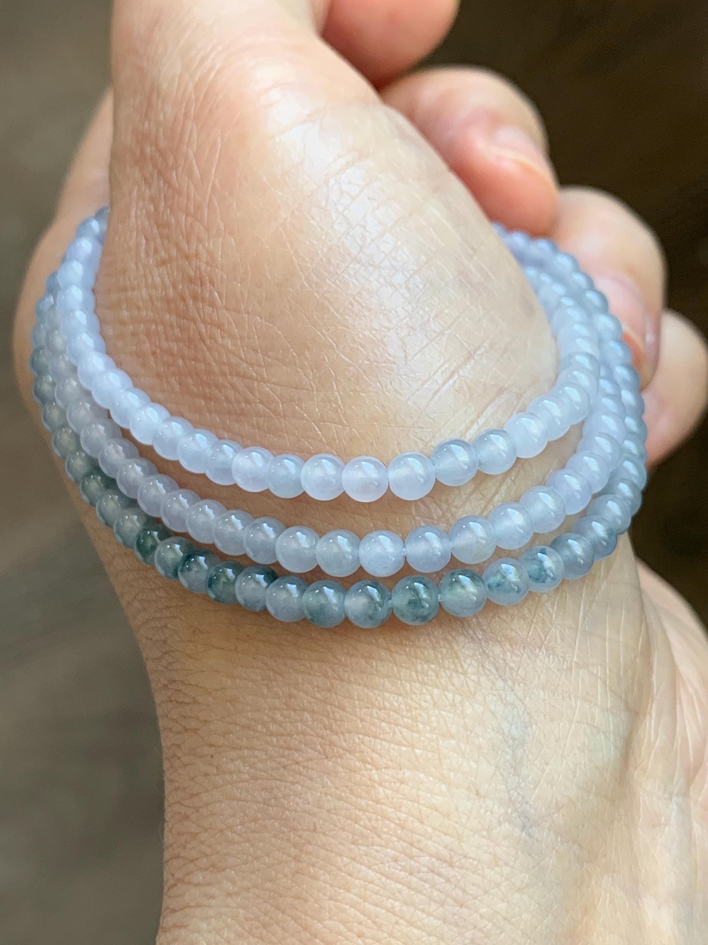 Certified Grade A Natural Icy Translucent Pastel Purple Teal Green Marbled Jade Jadeite Petite Beaded Necklace 3.5mm 19.75” 天然冰胶浅紫翡翠圆珠项链 468