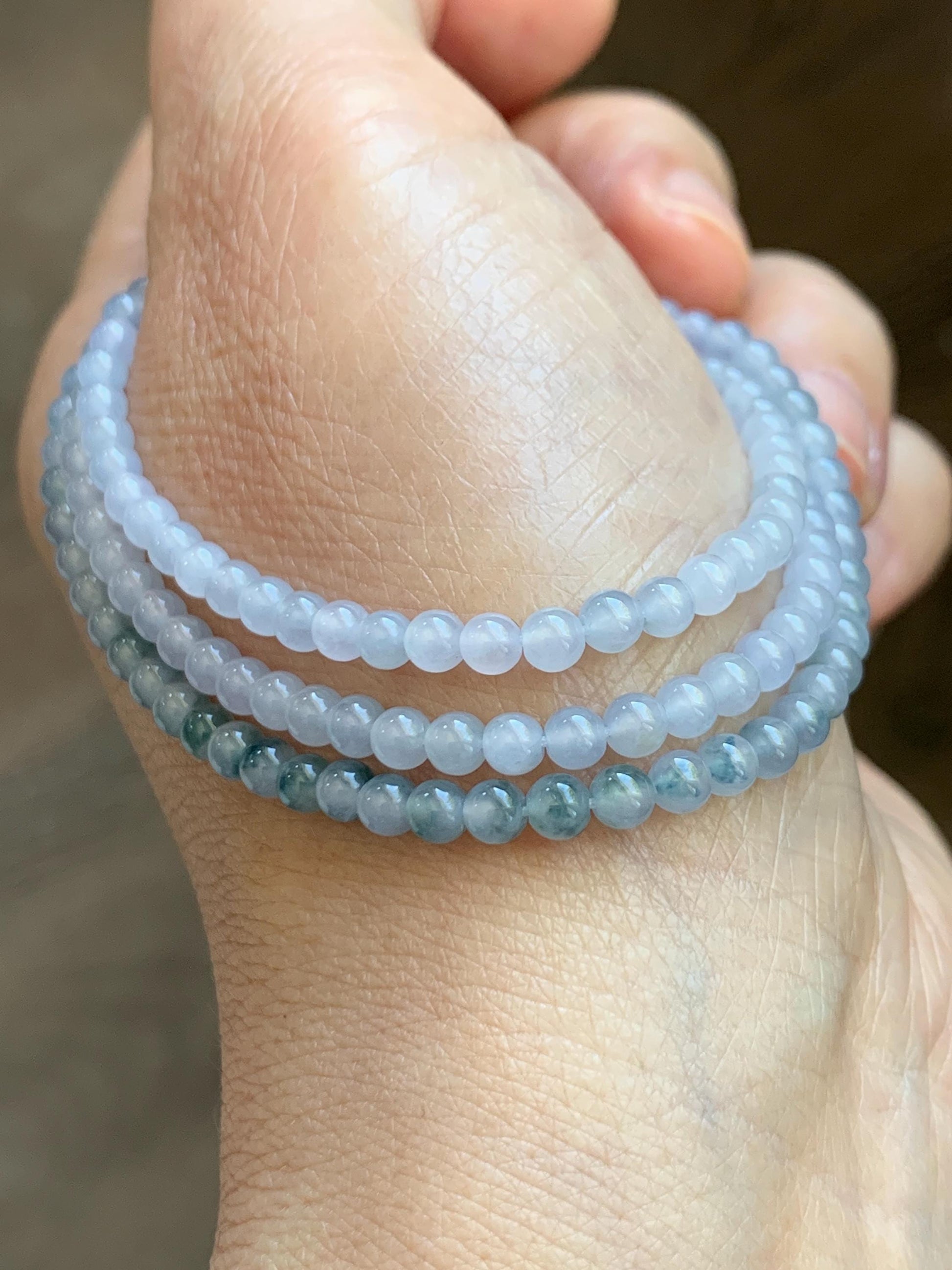 Certified Grade A Natural Icy Translucent Pastel Purple Teal Green Marbled Jade Jadeite Petite Beaded Necklace 3.5mm 19.75” 天然冰胶浅紫翡翠圆珠项链 468
