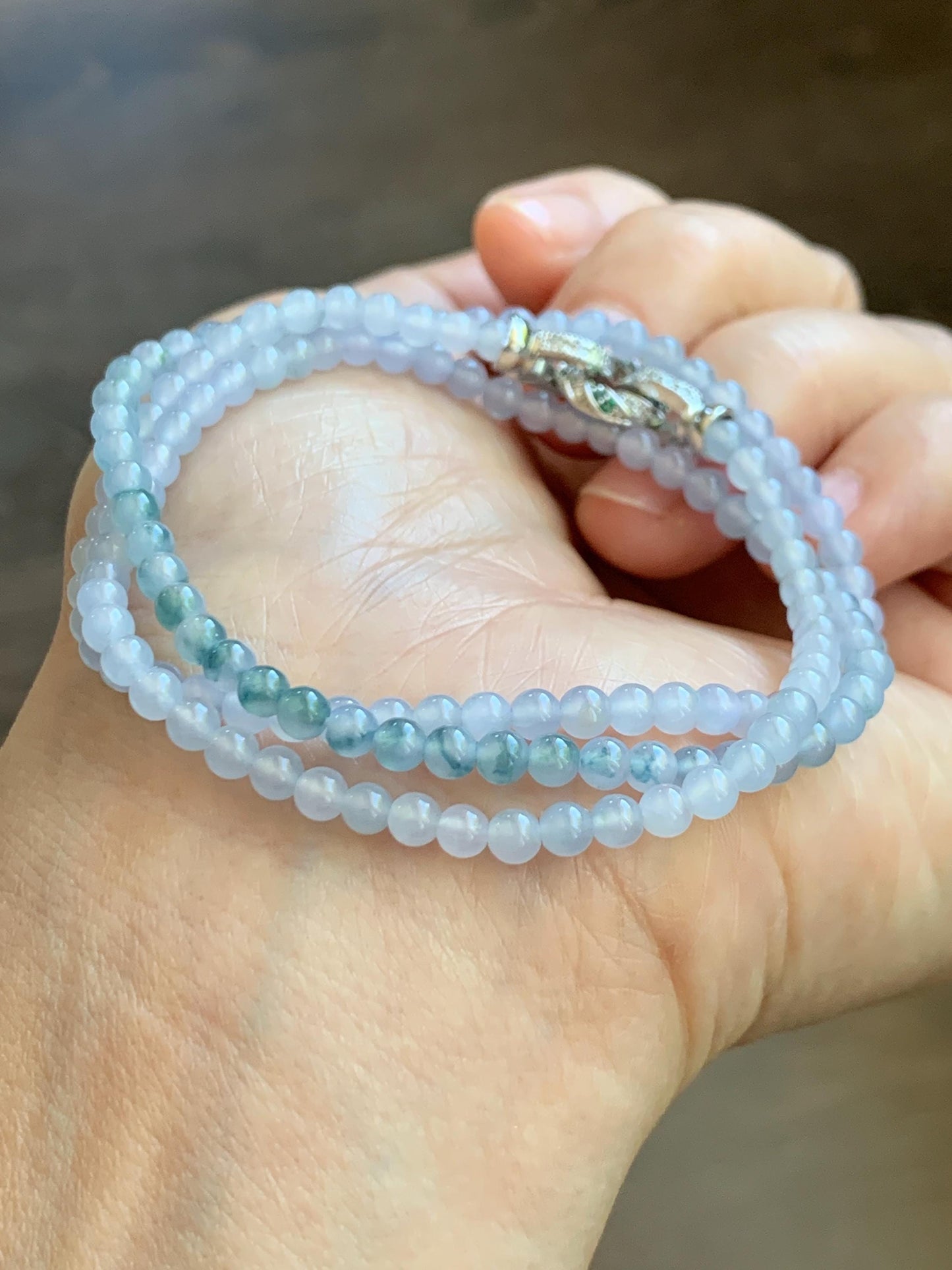 Certified Grade A Natural Icy Translucent Pastel Purple Teal Green Marbled Jade Jadeite Petite Beaded Necklace 3.5mm 19.75” 天然冰胶浅紫翡翠圆珠项链 468