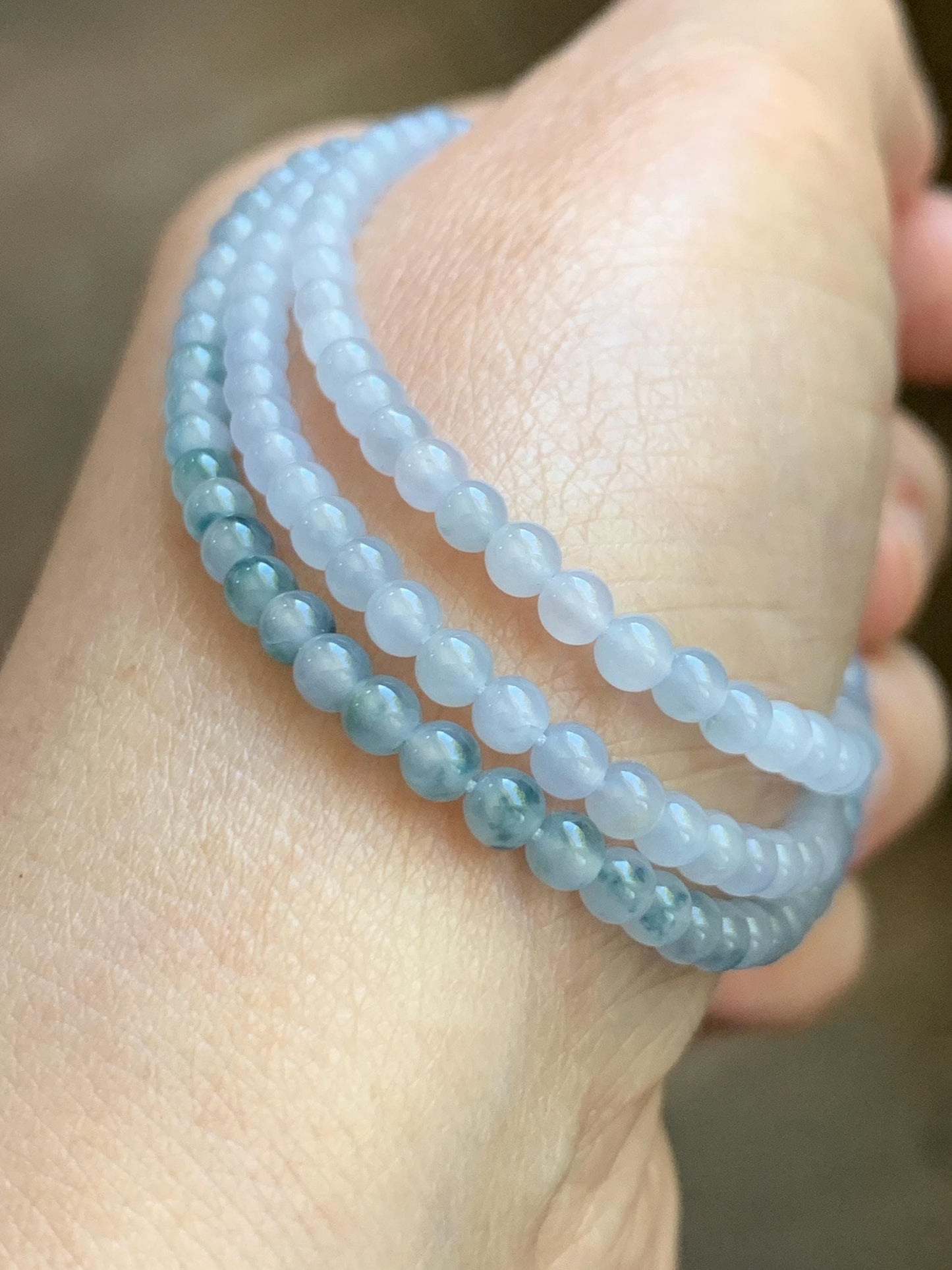 Certified Grade A Natural Icy Translucent Pastel Purple Teal Green Marbled Jade Jadeite Petite Beaded Necklace 3.5mm 19.75” 天然冰胶浅紫翡翠圆珠项链 468