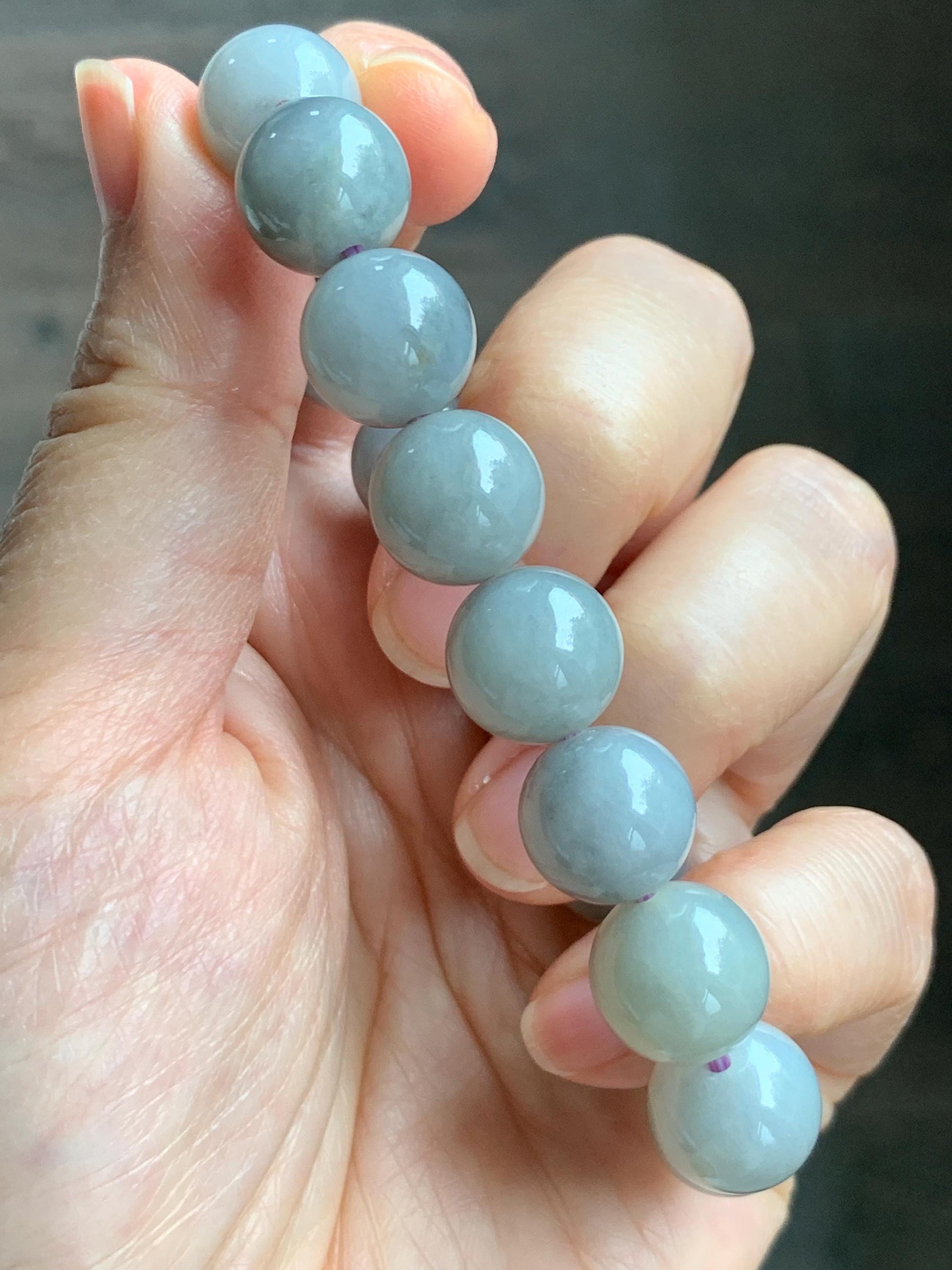 Certified Grade A Natural Icy Translucent Gray Wuji Marbled Jade Jadeite Large Beads Beaded Bracelet 12mm 7" 50.5g 天然大卡糯冰乌鸡翡翠手串 454
